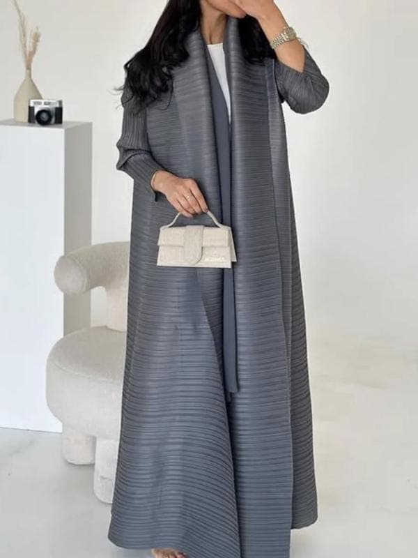 Gray Pleated Abaya - Kimono Style Open Front, Modest Fashion