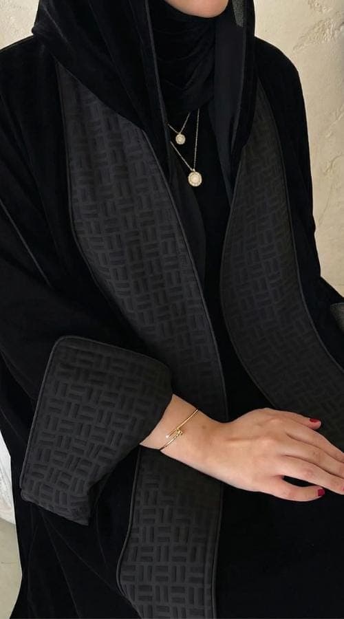 Noir Velvet Abaya, Open abaya with unique patterned lapels. - image 3
