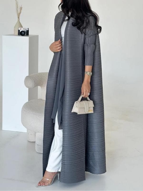 Gray Pleated Abaya - Kimono Style Open Front, Modest Fashion - image 5