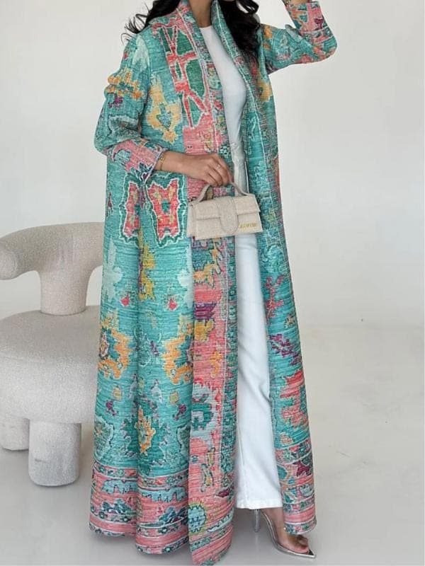 Peacock Print Pleated Abaya - Kimono Style Modest Coat - image 4