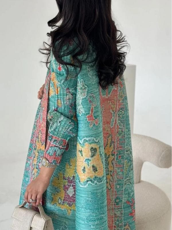 Peacock Print Pleated Abaya - Kimono Style Modest Coat - image 5