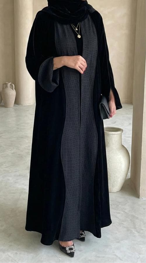 Noir Velvet Abaya, Open abaya with unique patterned lapels.