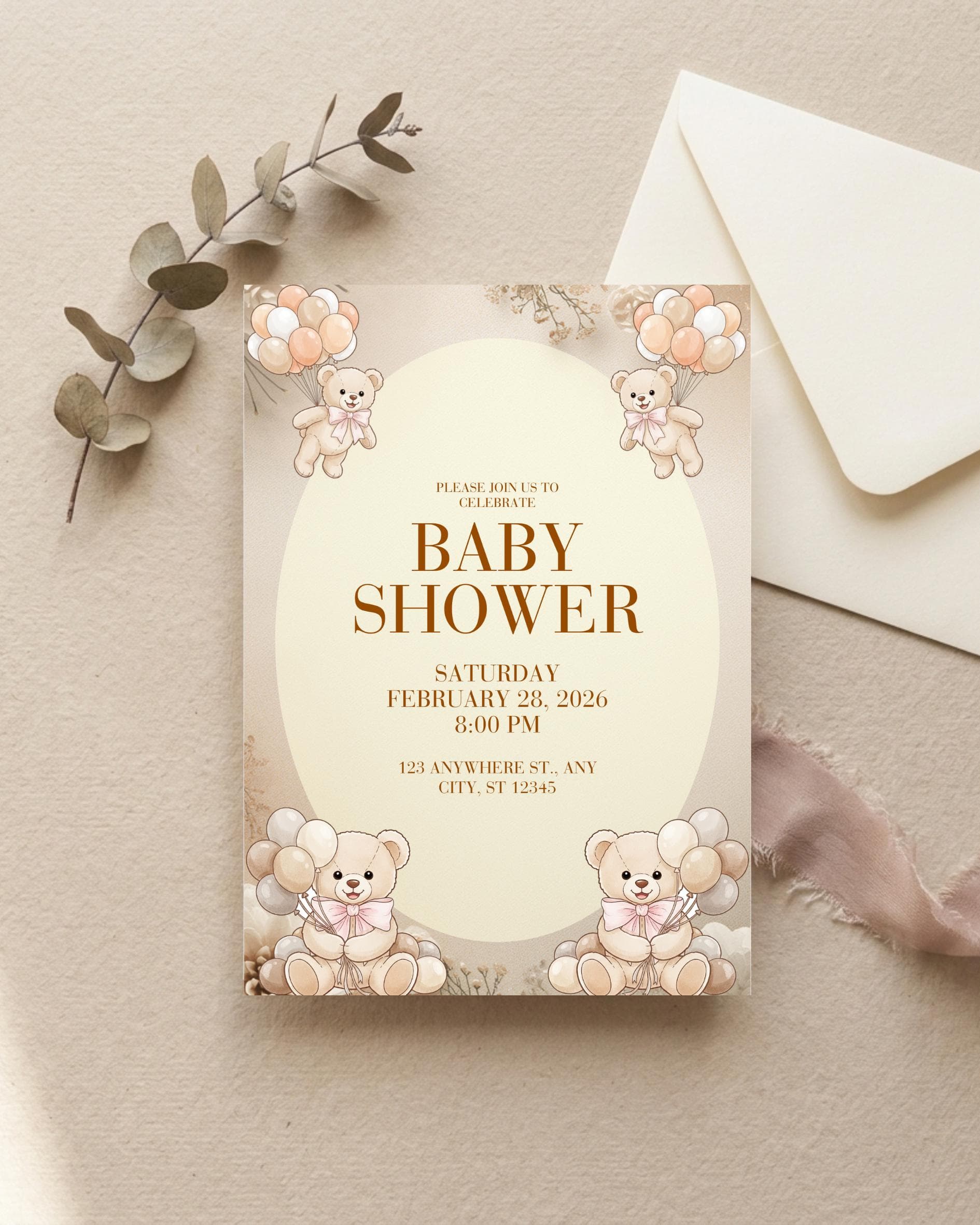 Boho Teddy Bear Baby Shower Invitation | Neutral Beige, Pink Bows (Editable Canva Template) - image 2