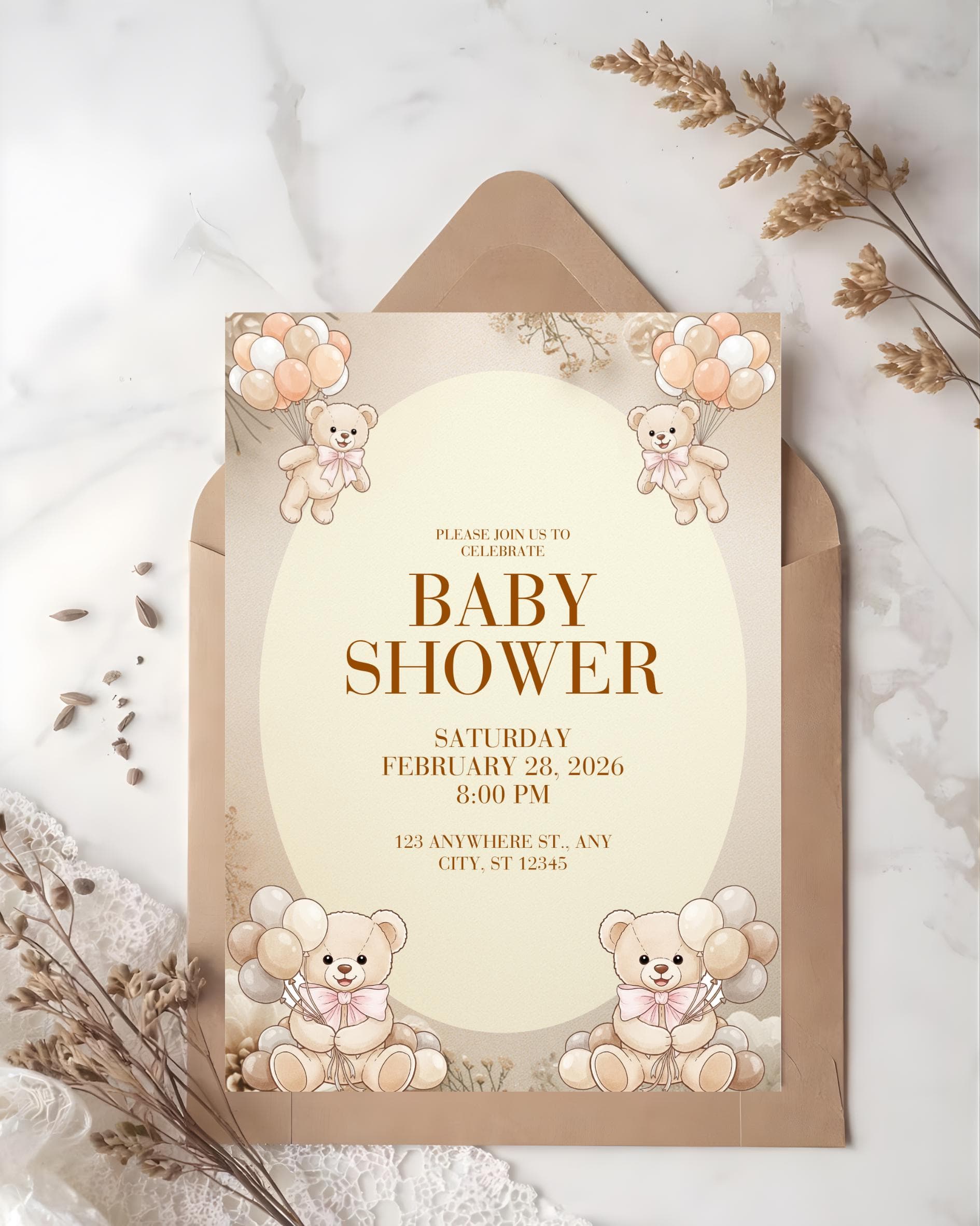 Boho Teddy Bear Baby Shower Invitation | Neutral Beige, Pink Bows (Editable Canva Template)