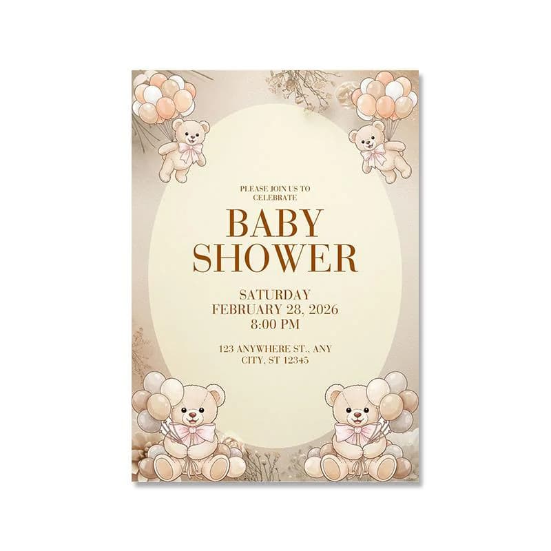 Boho Teddy Bear Baby Shower Invitation | Neutral Beige, Pink Bows (Editable Canva Template) - image 5