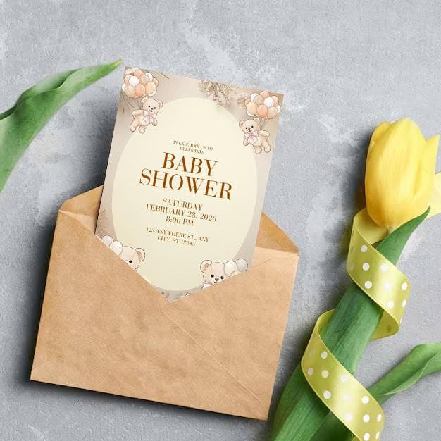Boho Teddy Bear Baby Shower Invitation | Neutral Beige, Pink Bows (Editable Canva Template) - image 3