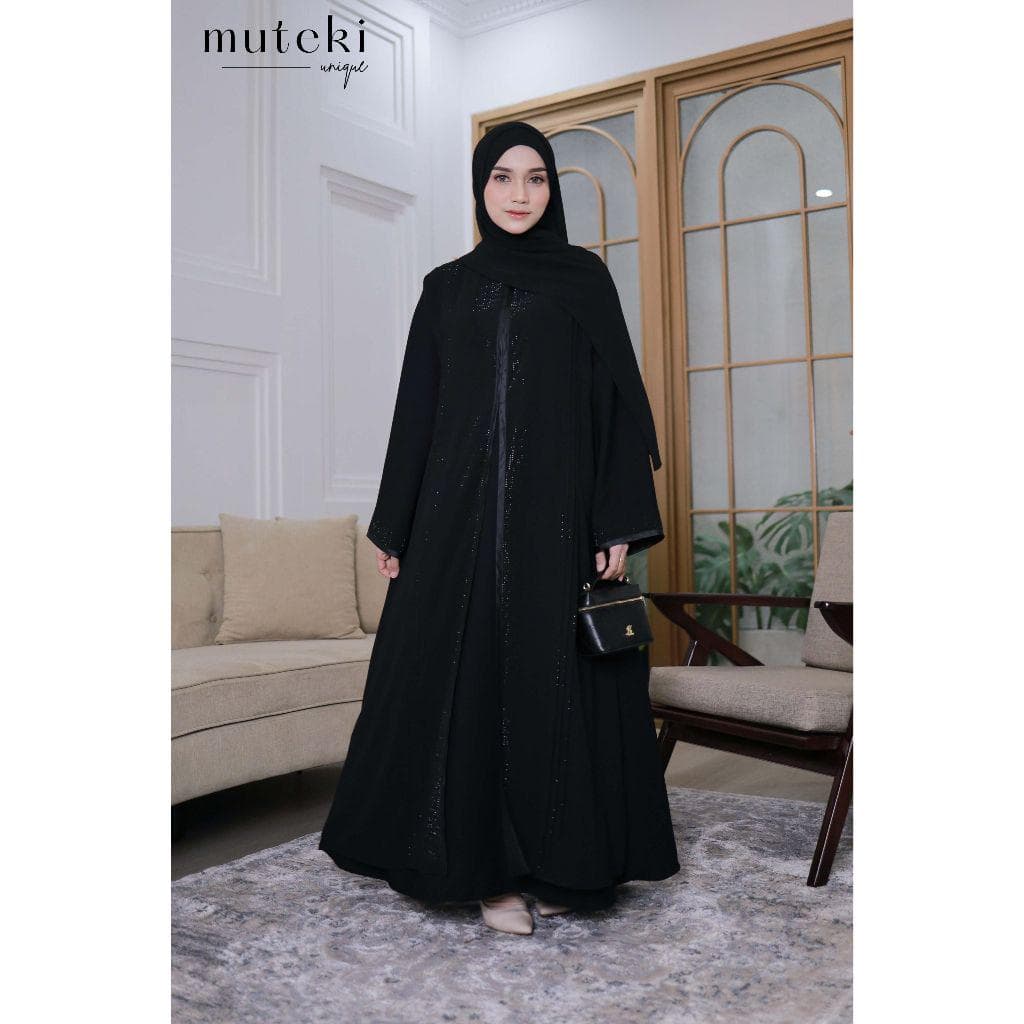 Luxury Black Abaya with Rhinestone Embellishment - Modest Islamic Open Cardigan Dress - Elegant Muslim Attire - Oversized Kimono Style