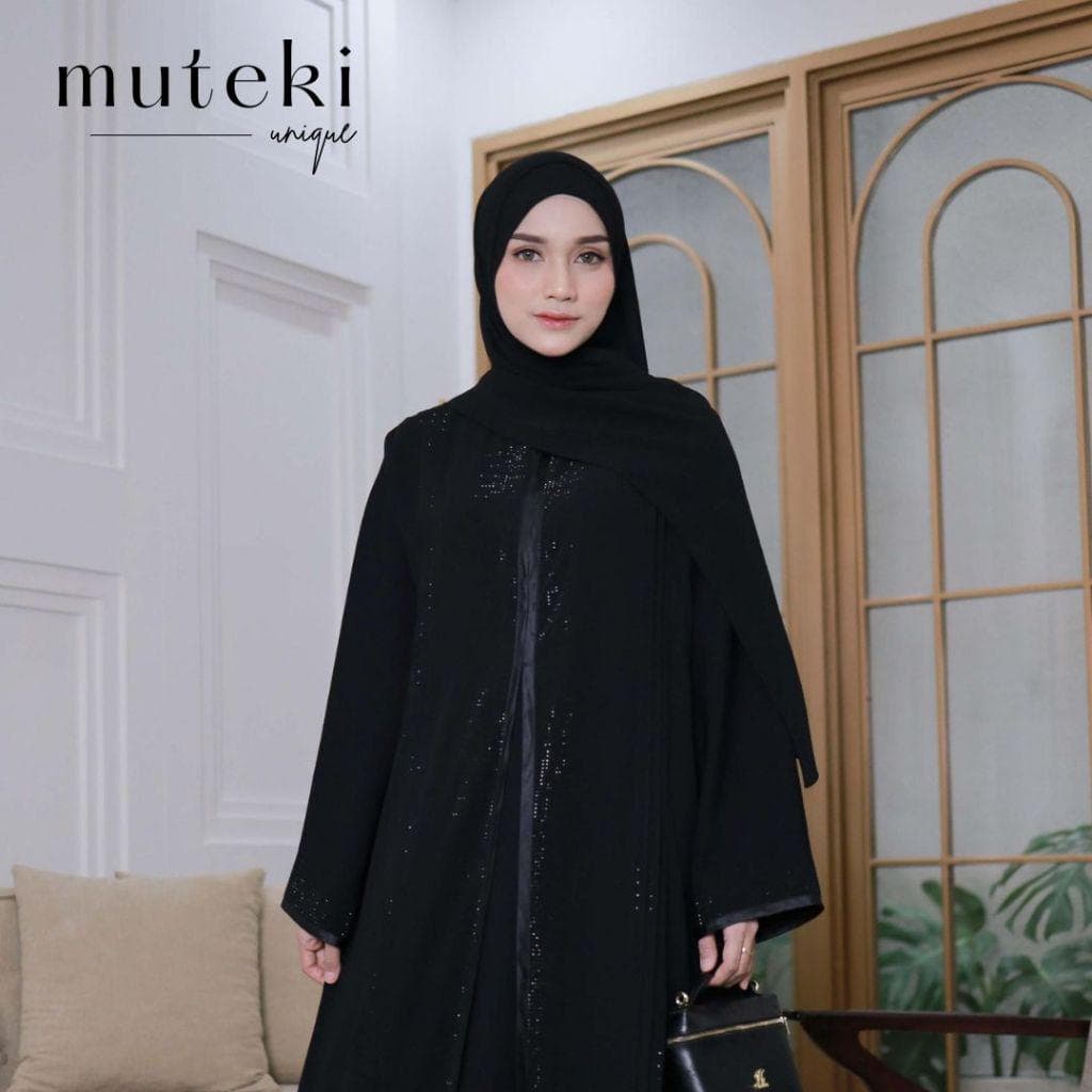 Luxury Black Abaya with Rhinestone Embellishment - Modest Islamic Open Cardigan Dress - Elegant Muslim Attire - Oversized Kimono Style - image 5