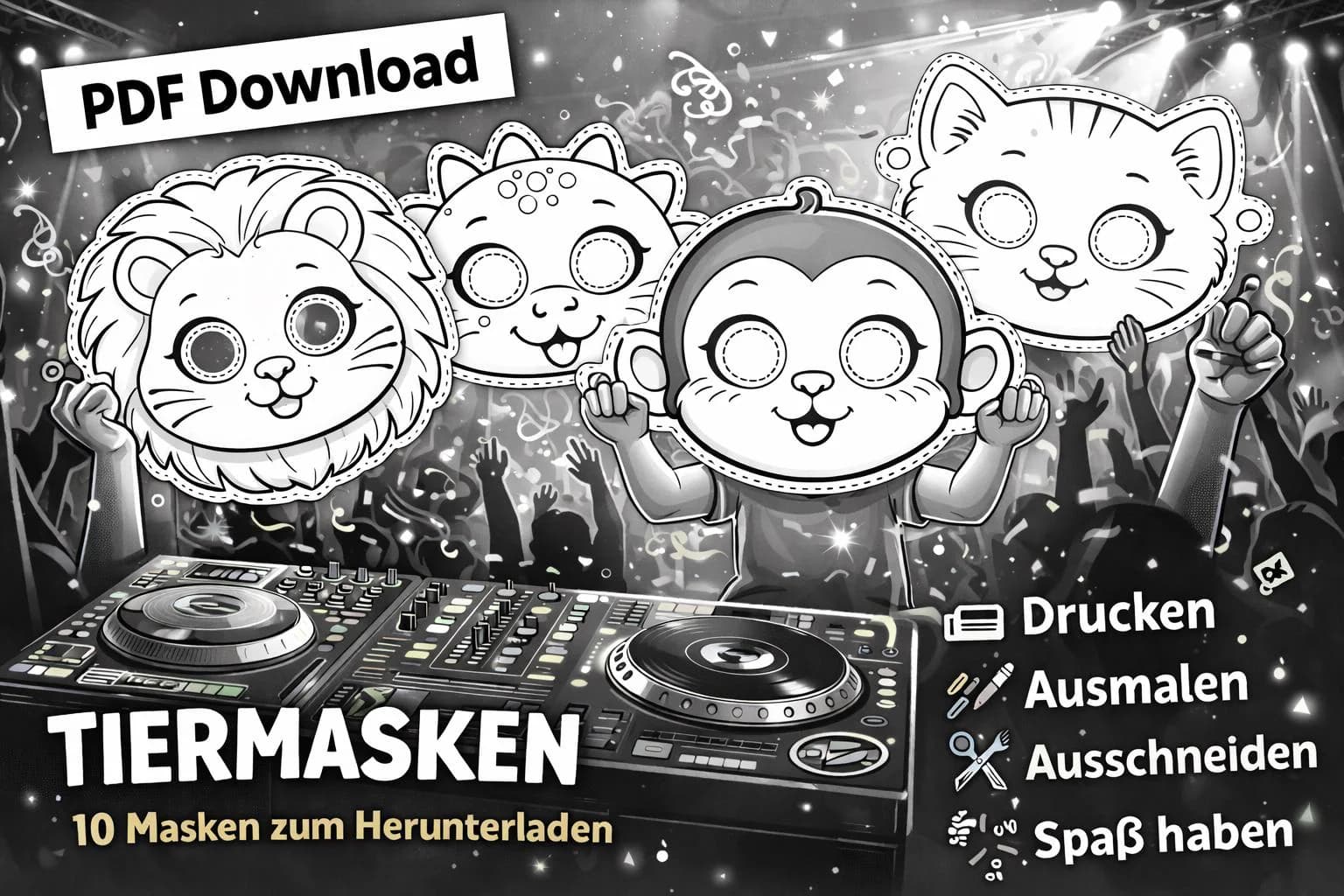 Tiermasken zum Ausmalen | PDF Download | Kinder Bastelvorlage | Masken zum Ausdrucken | Fasching Kinder | Kindergeburtstag Spiel | DIY Tier