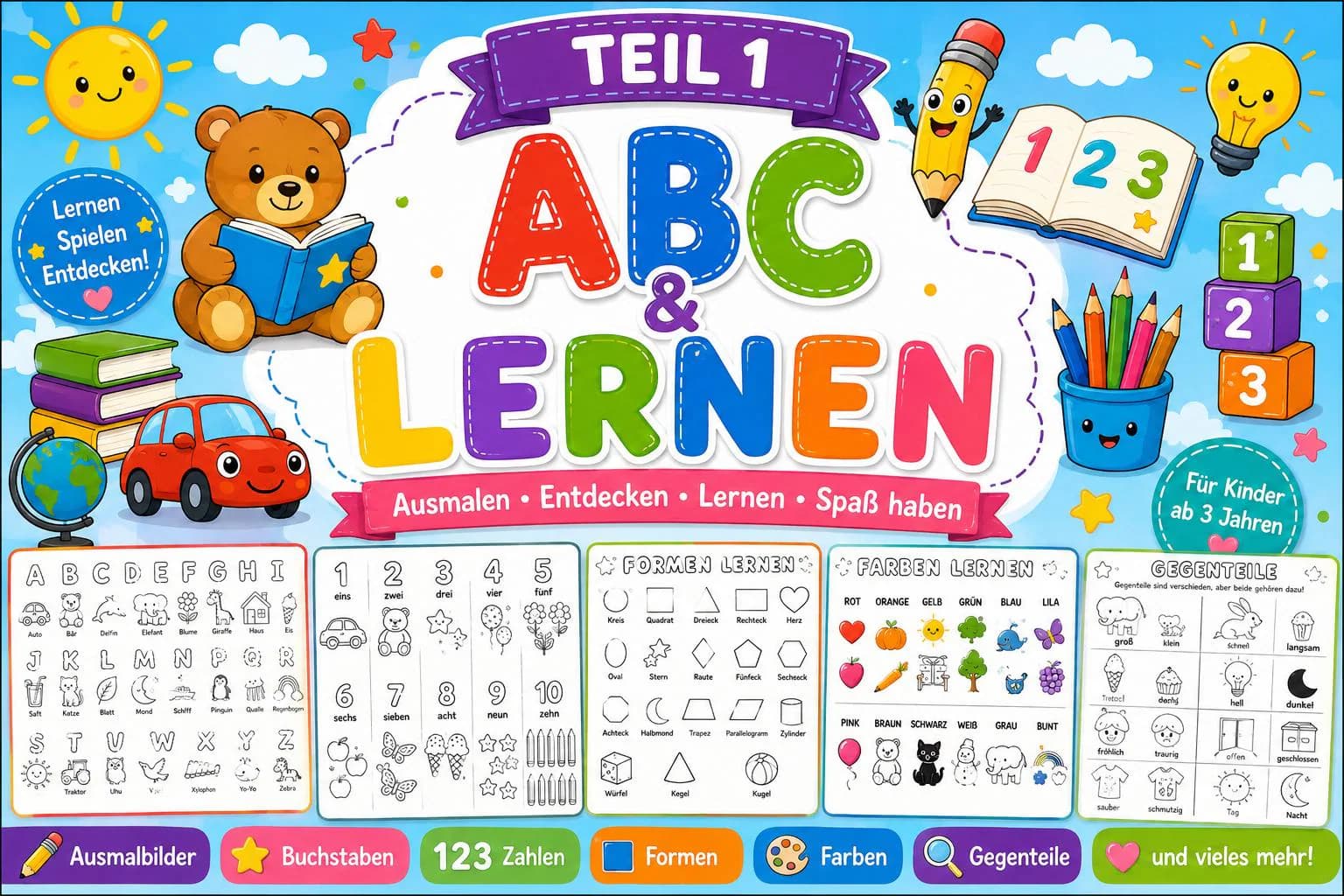 Großes Kinder Ausmalbuch & Aktivitätsbuch PDF Bundle | Fahrzeuge, Jahreszeiten, Rätsel u. Lernspiele | A4 Printable für Kinder ab 3 Jahren