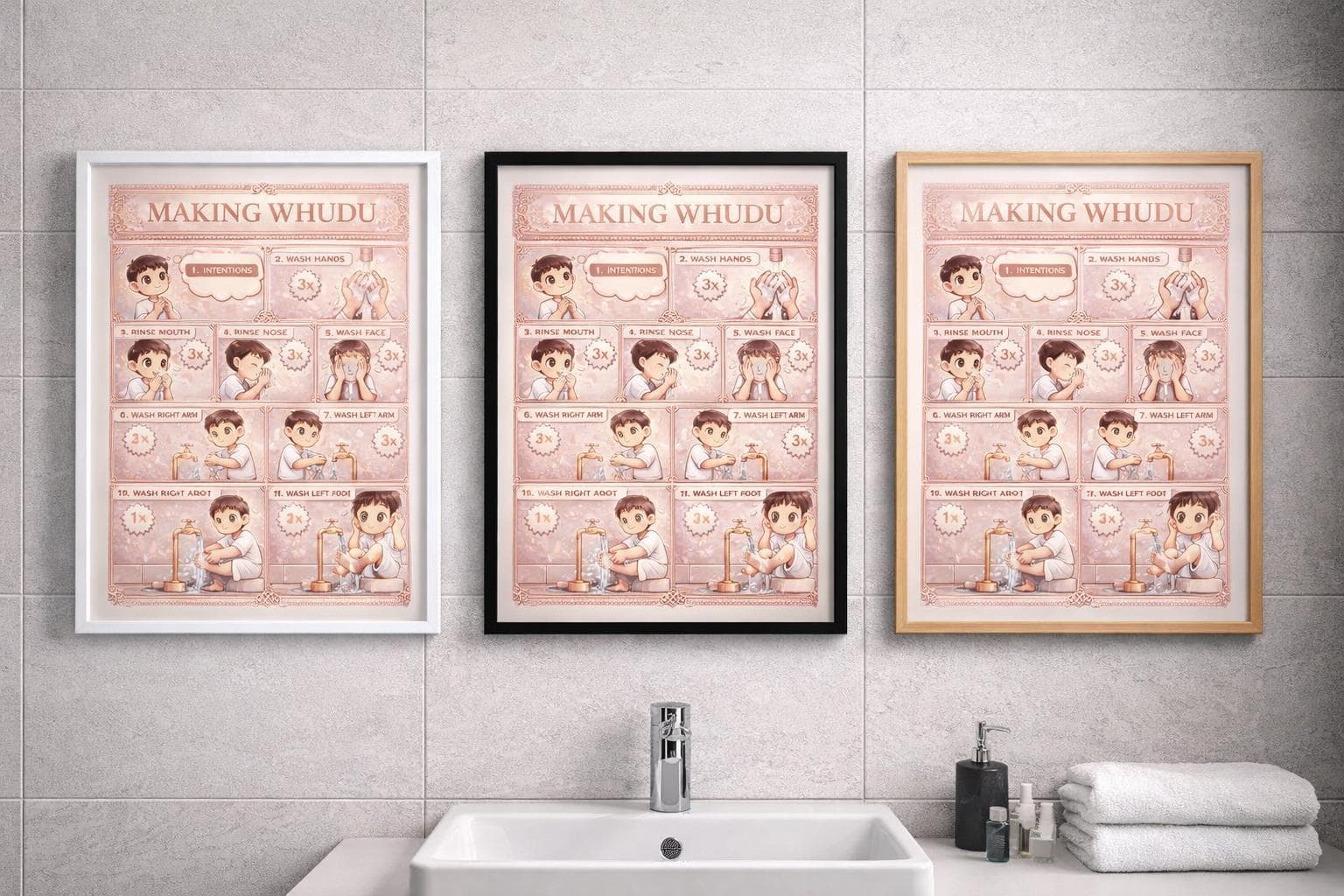 Roségold Islamic Wudu Poster Printable PDF | Making Wudu Step by Step | Muslim Kids Wall Art | A4 & A5 Download | Islamic Bathroom Decor