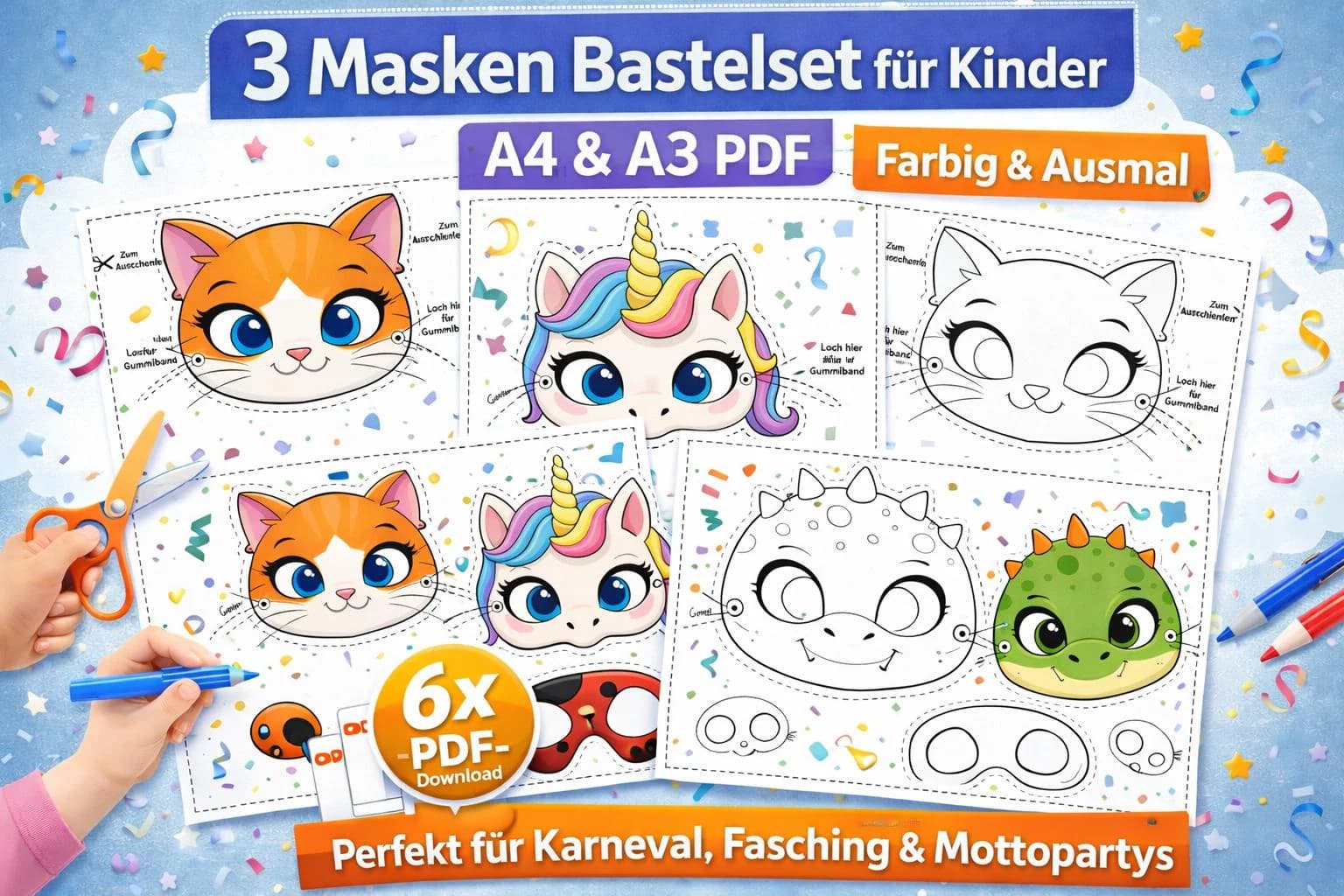 Karneval Masken Bastelset für Kinder | Katze Einhorn Dino | A4 & A3 PDF | Ausmal und Farbig | Fasching DIY