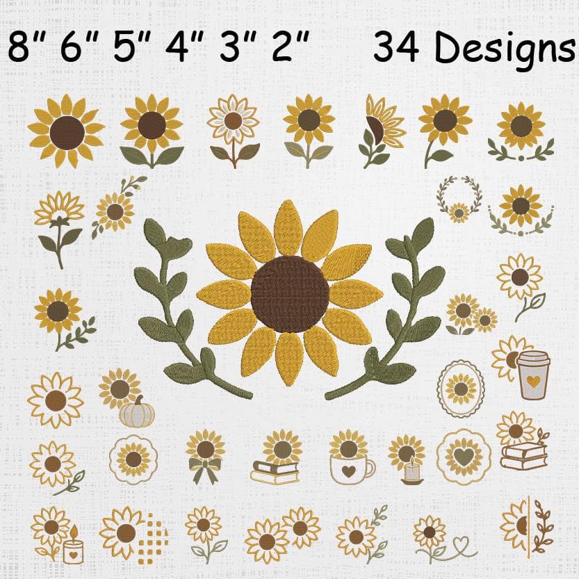Sunflower Embroidery Designs Bundle - 34 Yellow Flowers Machine Embroidery Files - Floral Embroidery Set - 6 Sizes Instant Download