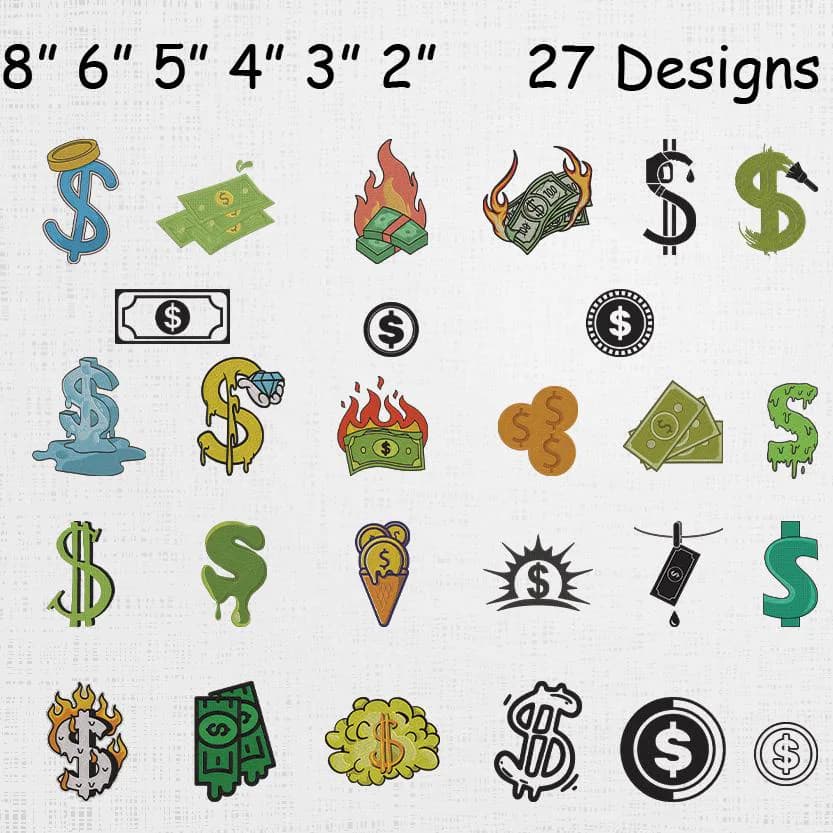 Money Embroidery Designs Bundle - Dollar Signs Embroidery Files - Cash Money Embroidery Pattern - Rich Aesthetic Embroidery - PES PEC