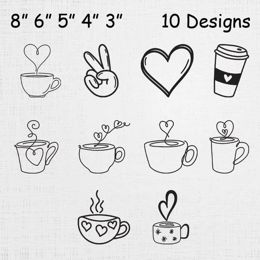 Outline Coffee Cups Embroidery Set - Heart Coffee Cups Machine File - Tea Cups Pattern - 10 Designs 5 Sizes