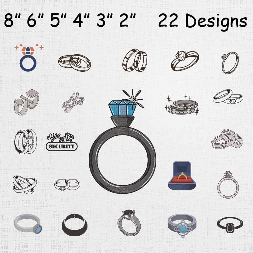 Ring Embroidery Designs Bundle - Engagement Wedding Jewelry Machine Embroidery Files - Outline Rings Pattern Set - Diamond Ring PES DST