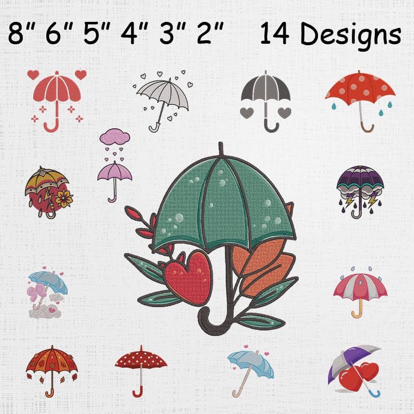 Cute Umbrella Embroidery Designs Bundle - Kawaii Umbrella Machine Embroidery Files - Rain Love Heart Umbrella Embroidery Pattern -14 Designs