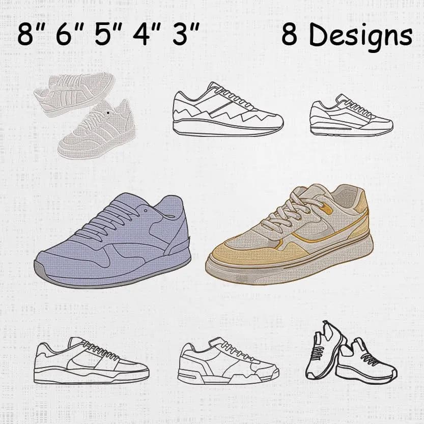 Outline Cool Sneakers Embroidery Set - Joggers Shoes Machine File - Outline Shoes Pattern - 8 Designs 5 Sizes