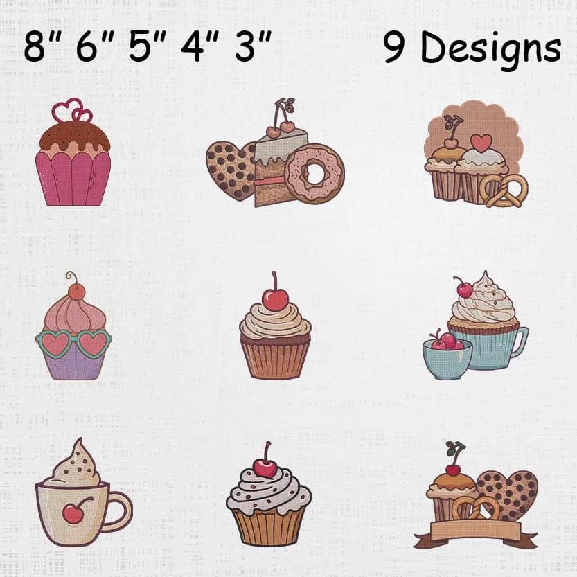 Sweet Bakery Icons Embroidery Bundle - Cartoon Cupcake Machine File - Cake Daunt Coffee Pattern - 9 Designs 5 Sizes