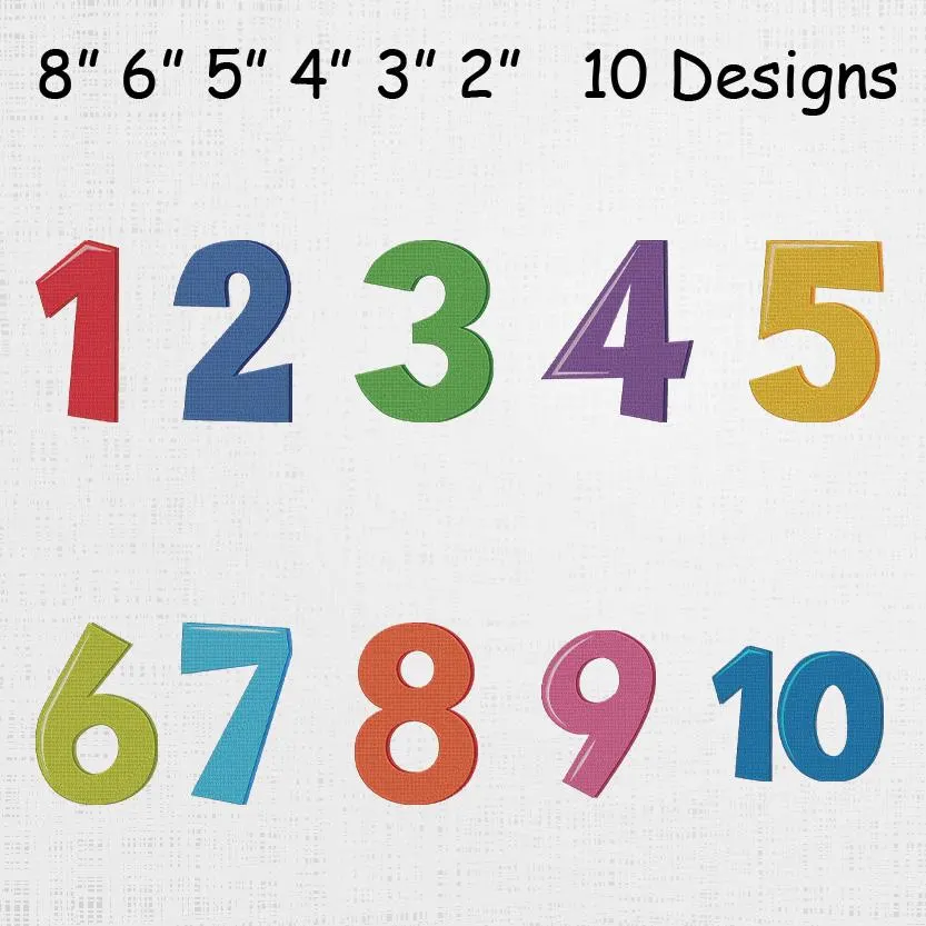 Colorful Numbers Embroidery Set - Modern Numbers Machine File - Stylish Numbers Pattern - 10 Designs 6 Sizes