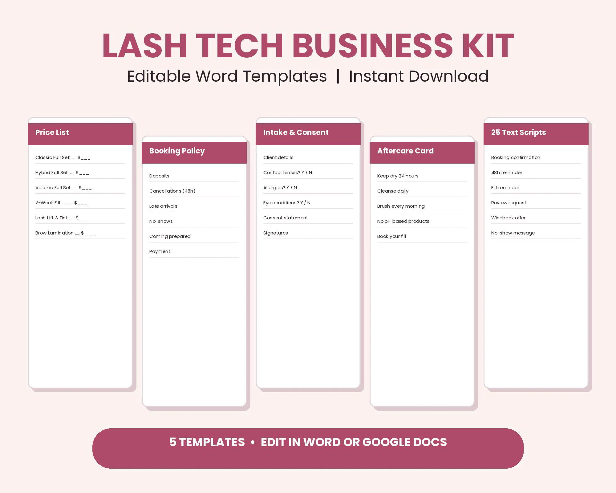 Lash Tech Business Kit, Lash Price List Template, Booking Policy, Lash Consent Form, Aftercare Card, Client Text Scripts, Editable Word