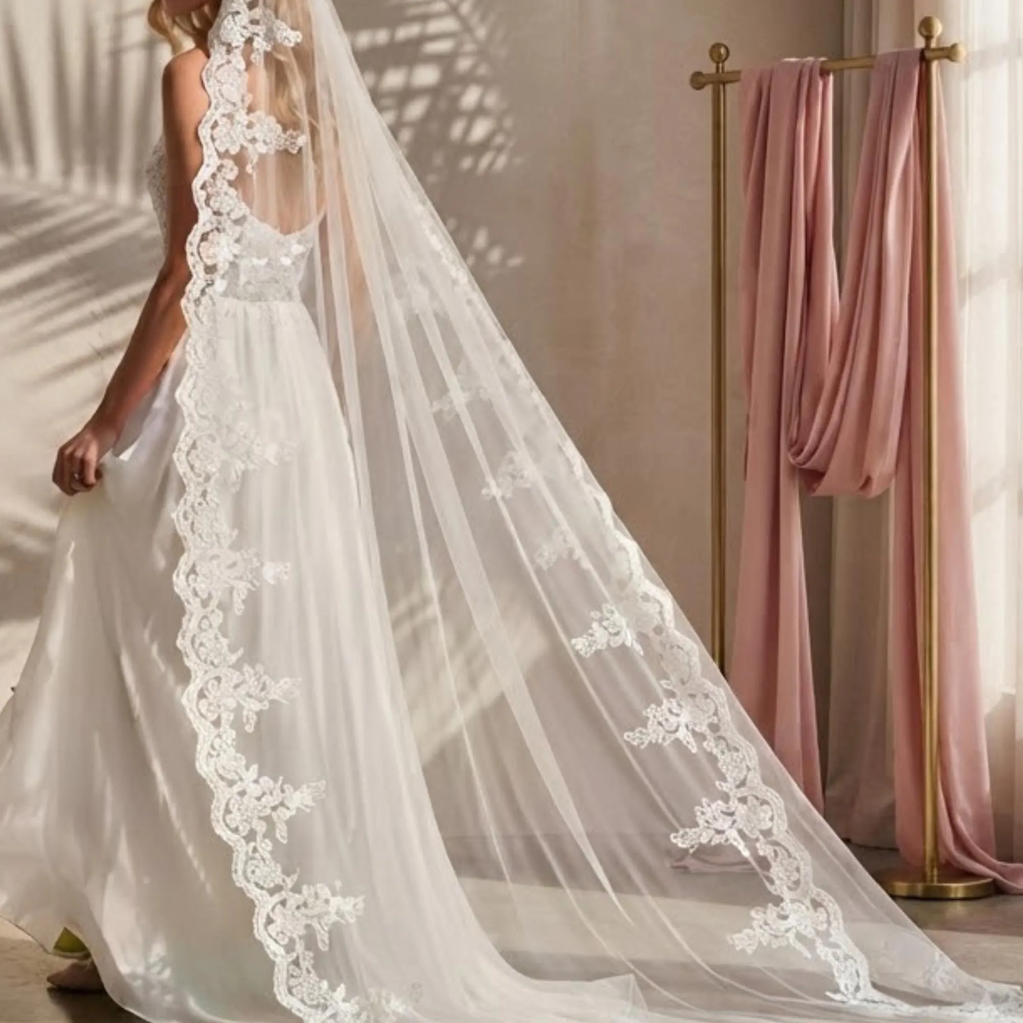 Cathedral Veil, Mantilla Style Floral Lace Edge, Wedding Bridal Veil, Soft Tulle with Comb