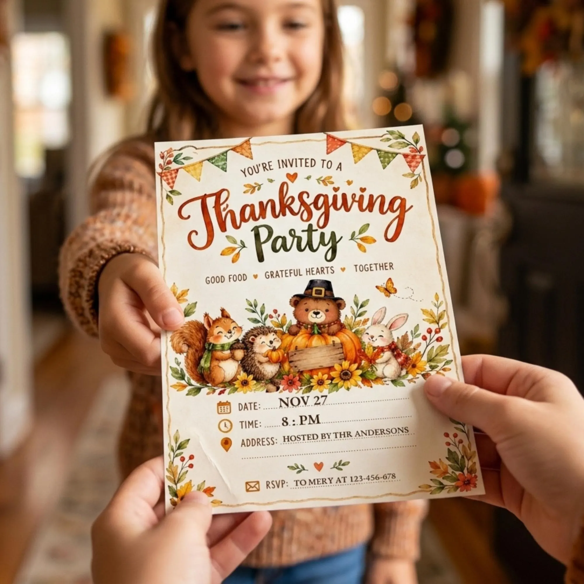 Thanksgiving Party Invitation, Cute Woodland Animal Fall Dinner Invite, 5x7 Printable & Mobile Digital Invitation - image 5