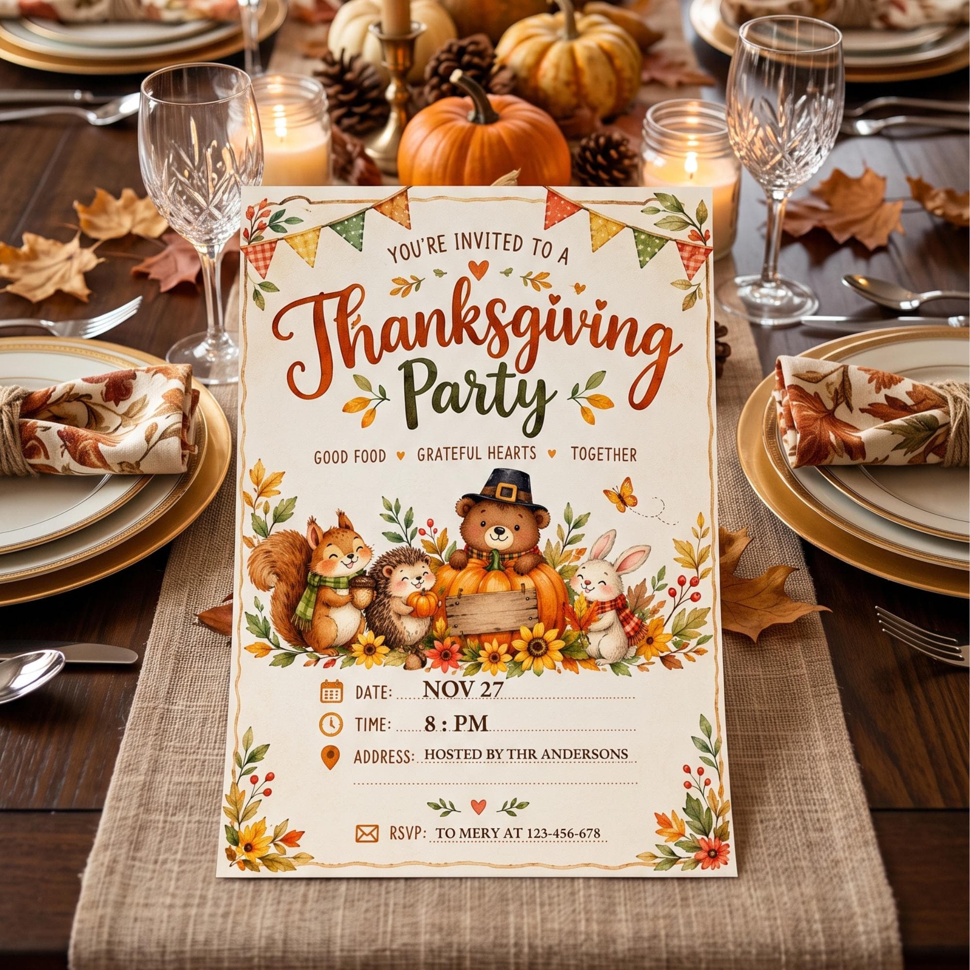 Thanksgiving Party Invitation, Cute Woodland Animal Fall Dinner Invite, 5x7 Printable & Mobile Digital Invitation - image 3