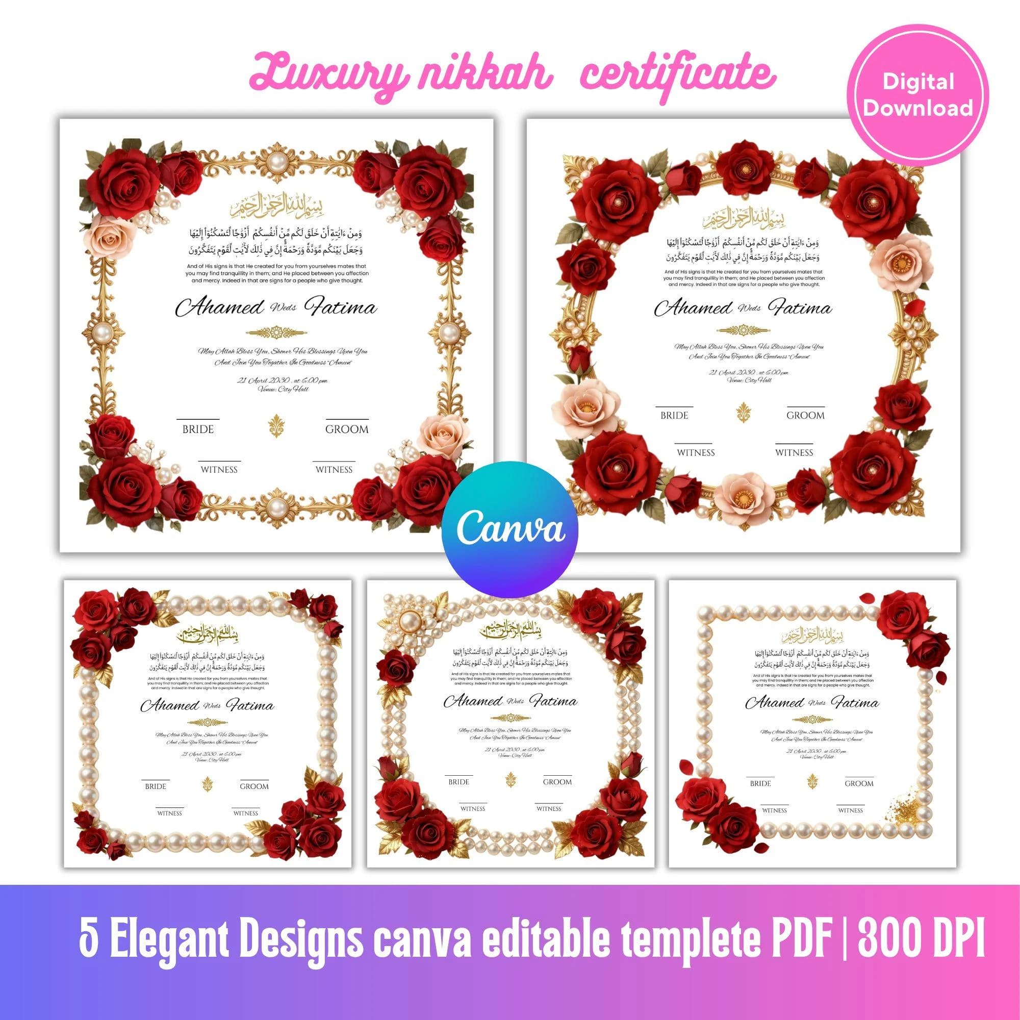 Luxury Nikkah Certificate Template| Editable Islamic Nikah Nama| Gold Wedding Contract, Muslim Marriage PDF| Floral Frame Set PNG JPG