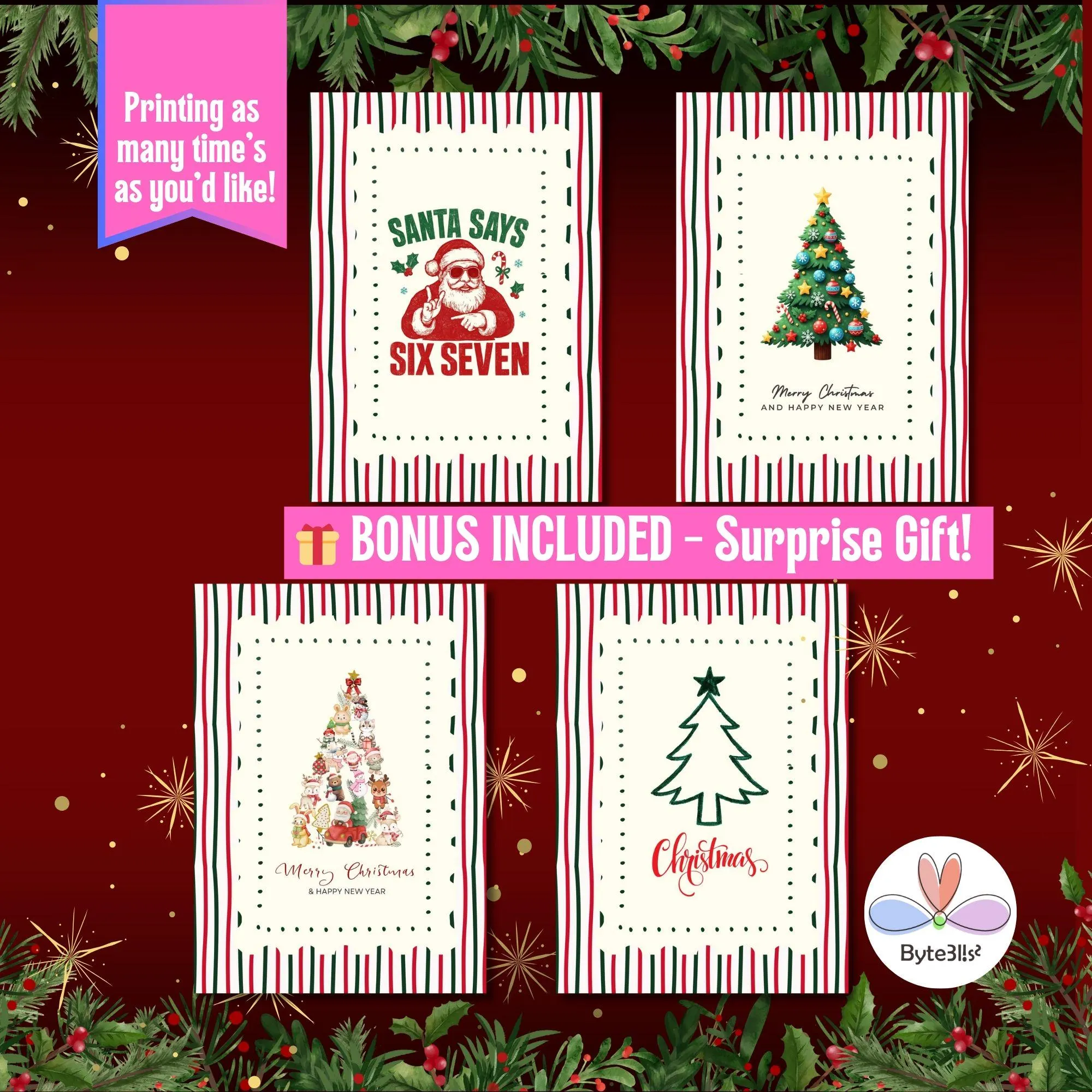 Printable Christmas Card Bundle, 4 Holiday Cards + Gift Tags, 5x7 PDF JPG Digital Download