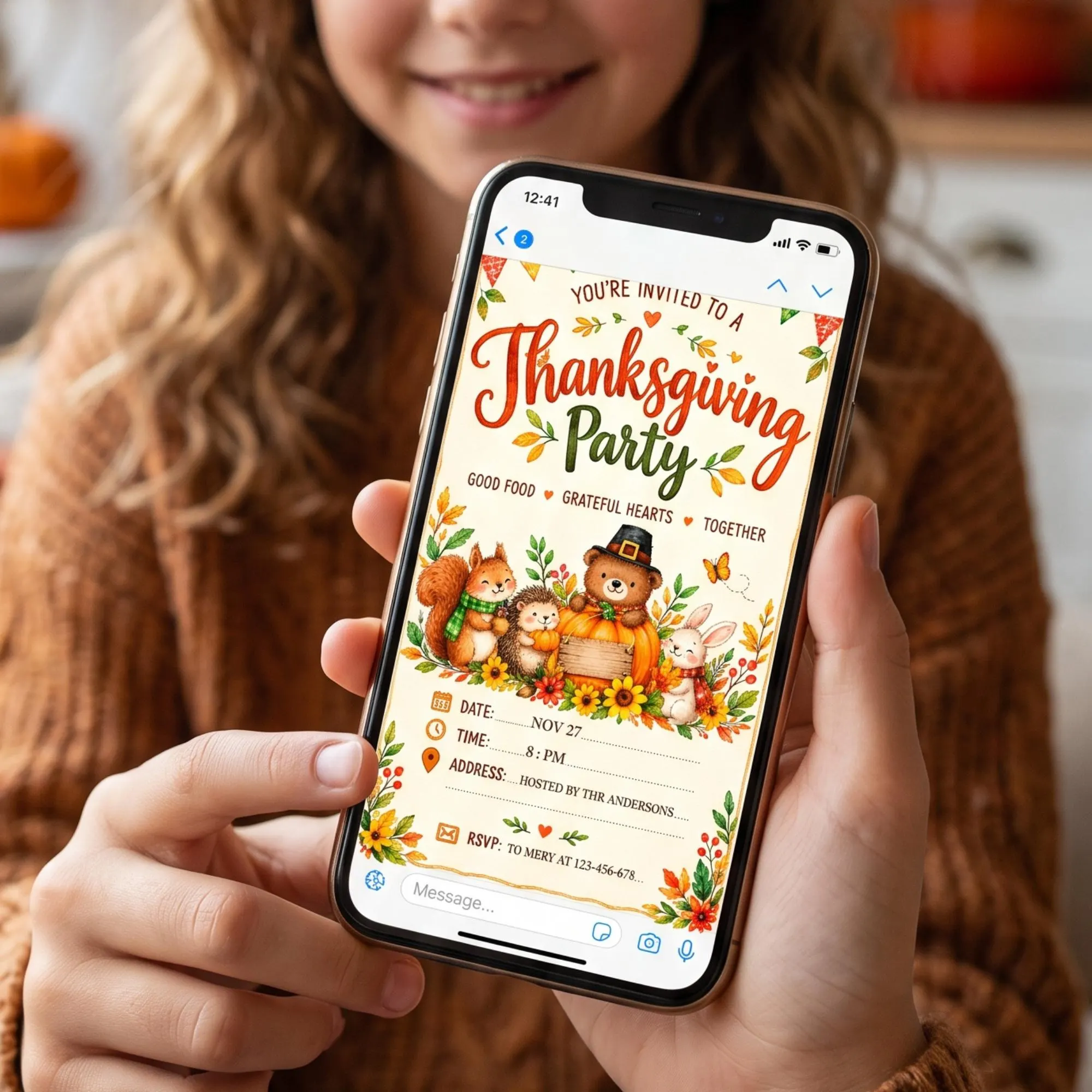 Thanksgiving Party Invitation, Cute Woodland Animal Fall Dinner Invite, 5x7 Printable & Mobile Digital Invitation - image 4