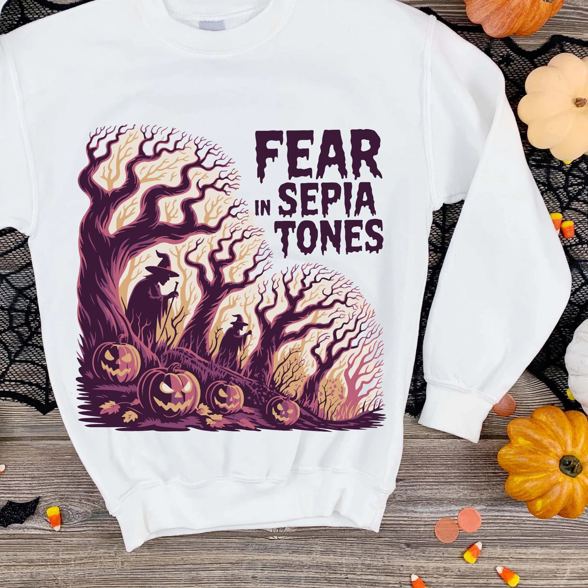 Fear in Sepia Tones SVG PNG, Spooky Tree Pumpkin Witch Shirt Design, Printable T-Shirt - image 2