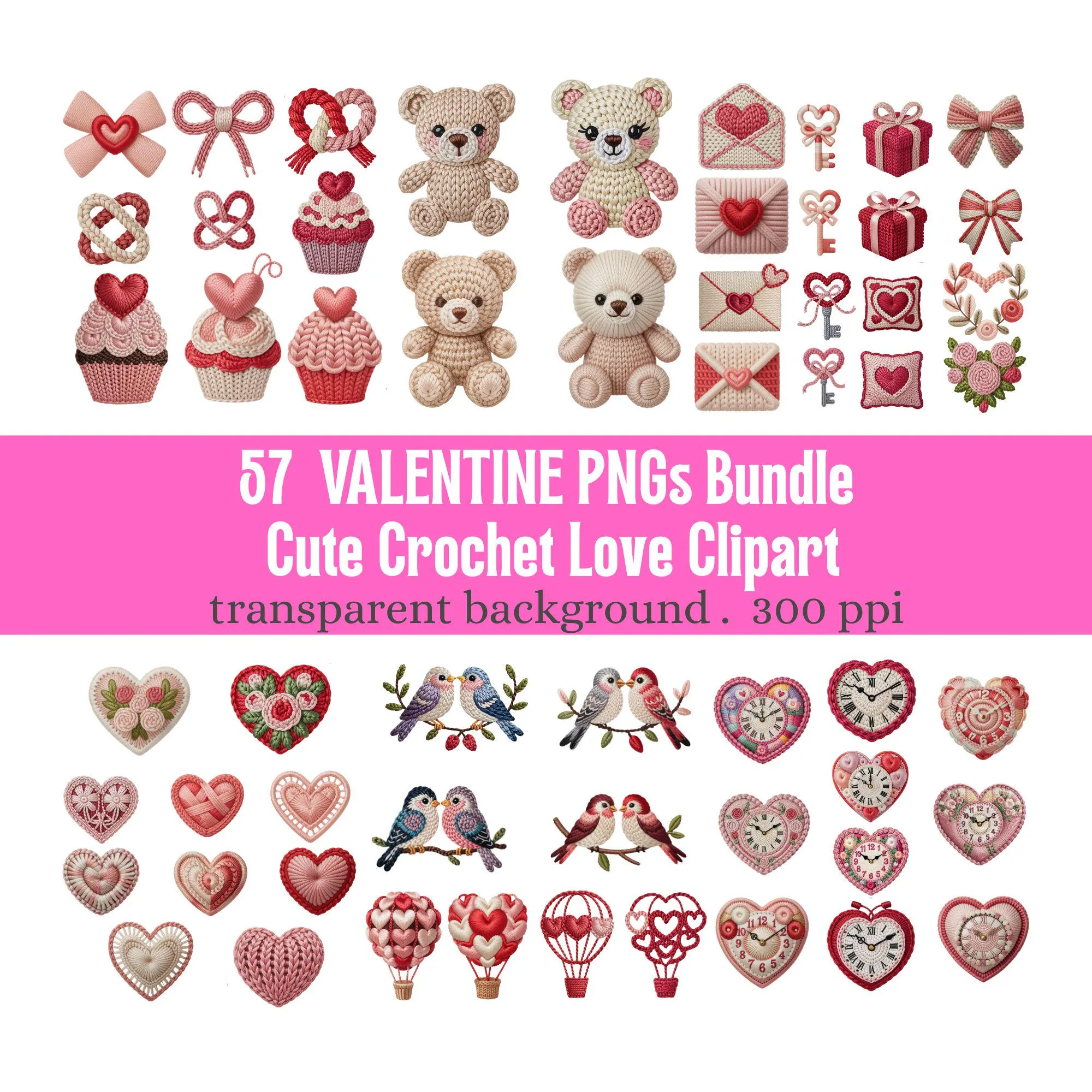 Crochet Valentine PNG Bundle, Teddy Bear Hearts Clipart (Digital Download )