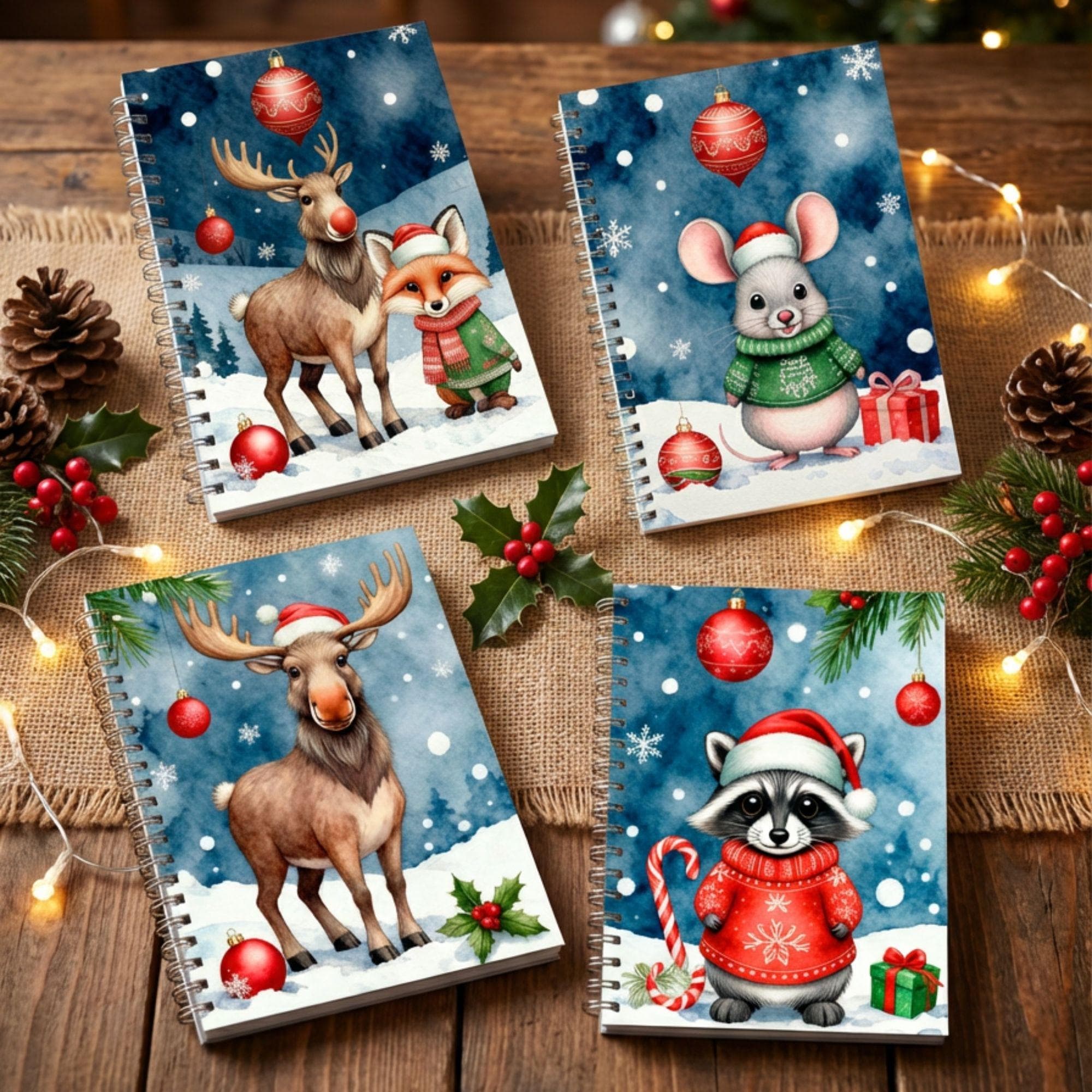 Woodland Christmas Notebook Cover Printable Bundle, Cute Animal Journal Cover, Kids Holiday Notebook, 4 PDF Digital Download