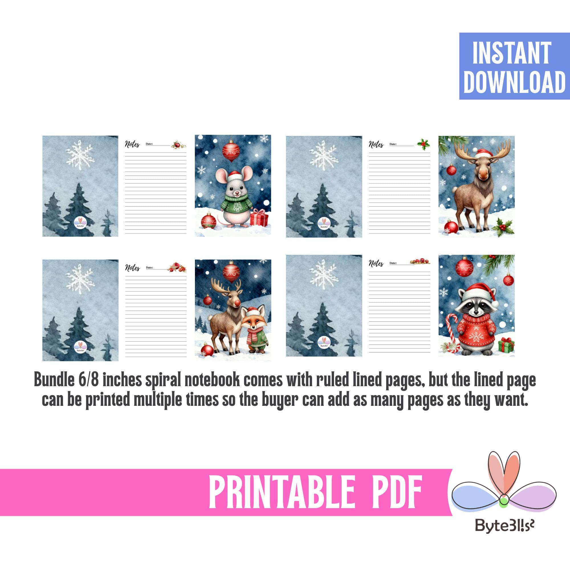Woodland Christmas Notebook Cover Printable Bundle, Cute Animal Journal Cover, Kids Holiday Notebook, 4 PDF Digital Download - image 3