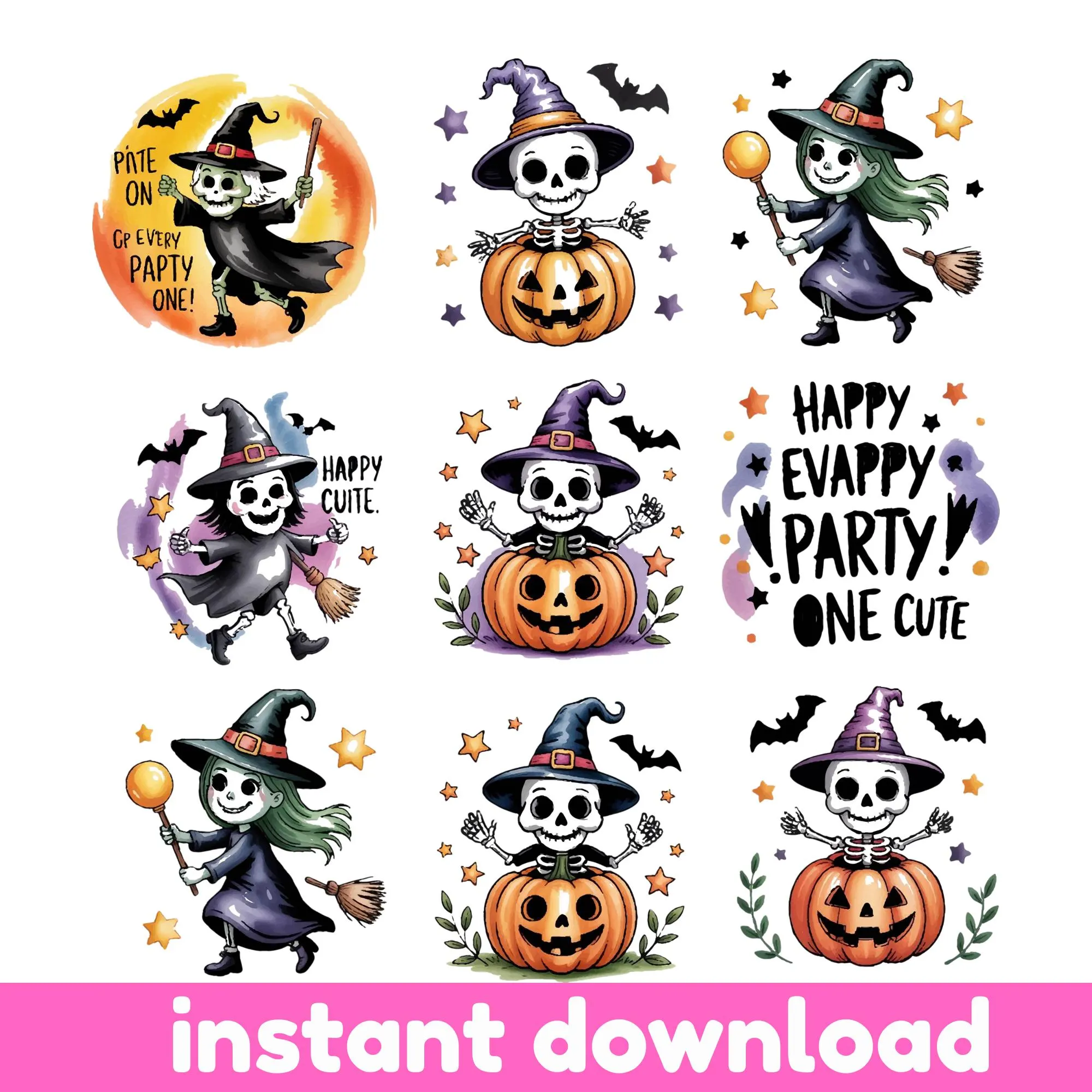 Skeleton Witch PNG Bundle, Halloween Pumpkin Skeleton Designs, Sublimation Shirt Mug, Digital Download