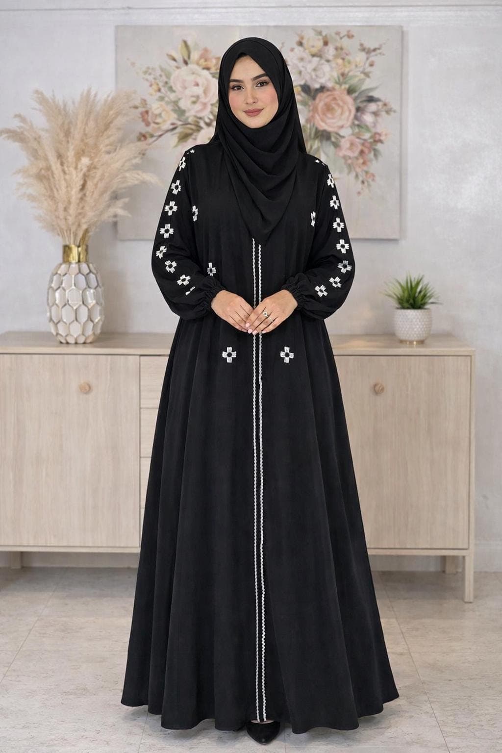 Black Nida Abaya 2-Piece Set, Elegant Dubai Design