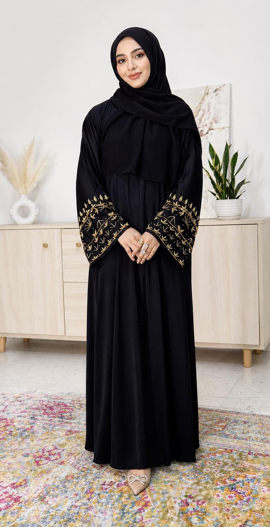 Black Kimono Abaya with golden embellished Sleeves, Chiffon Hijab, Modest Maxi Dress