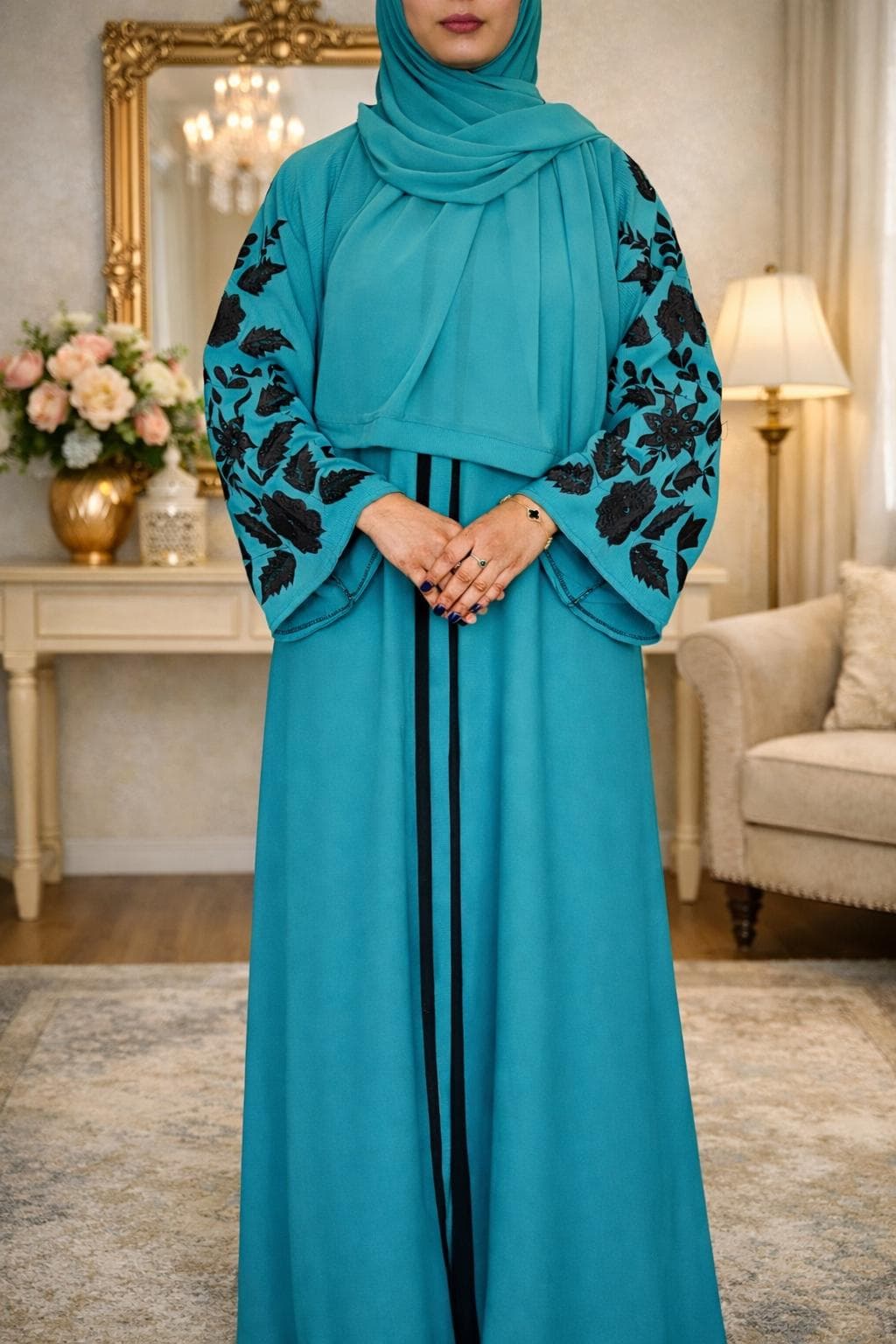 handmade embroidery design abaya set with chiffion hijab;wedding guest dress;muslim girls dress
