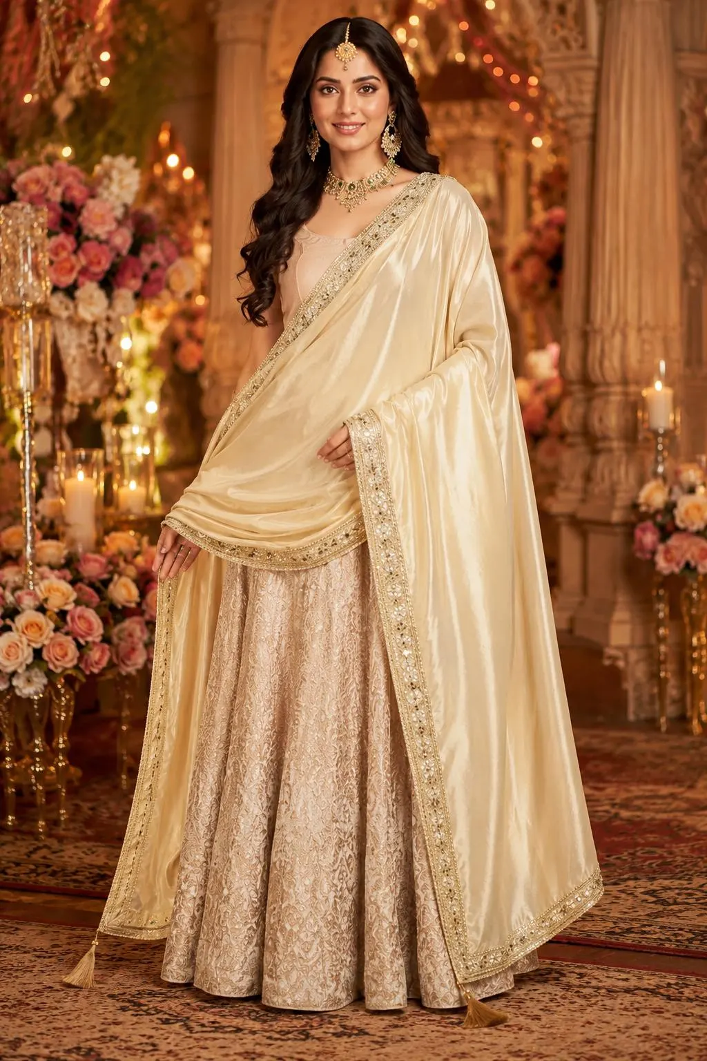 Dupatta Gold Zari Tissue Sequin Embroidered Bridal Scarf with Tassel for Wedding, Women Indian Pakistani Anarkali Dress Shawl Gift for Her