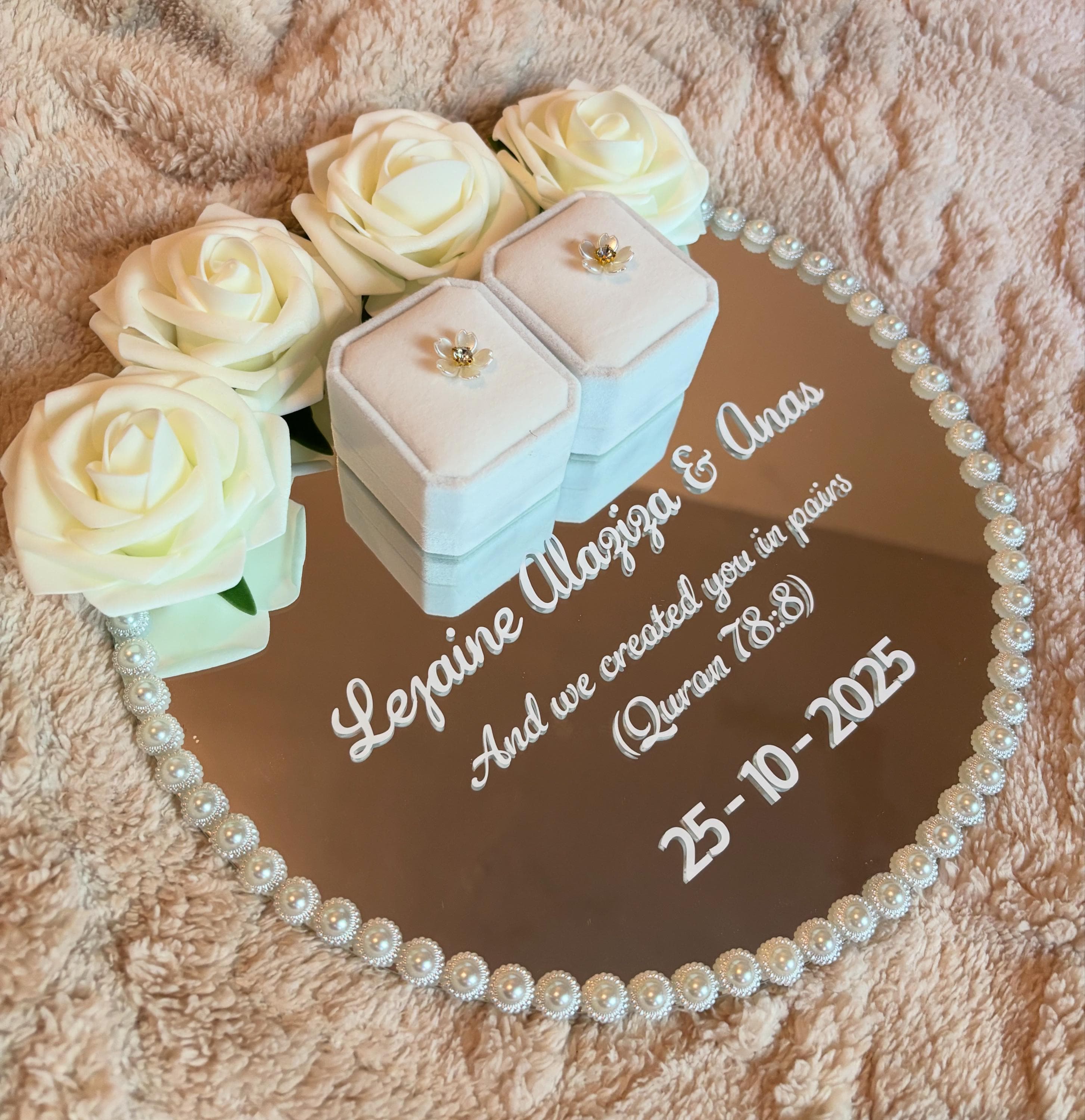 Personalized Floral Wedding Ring Tray, Pearl Border, Nikkah Engagement Keepsake |  Shaadi Bride Keepsake with Names & Date, Bridal Gift