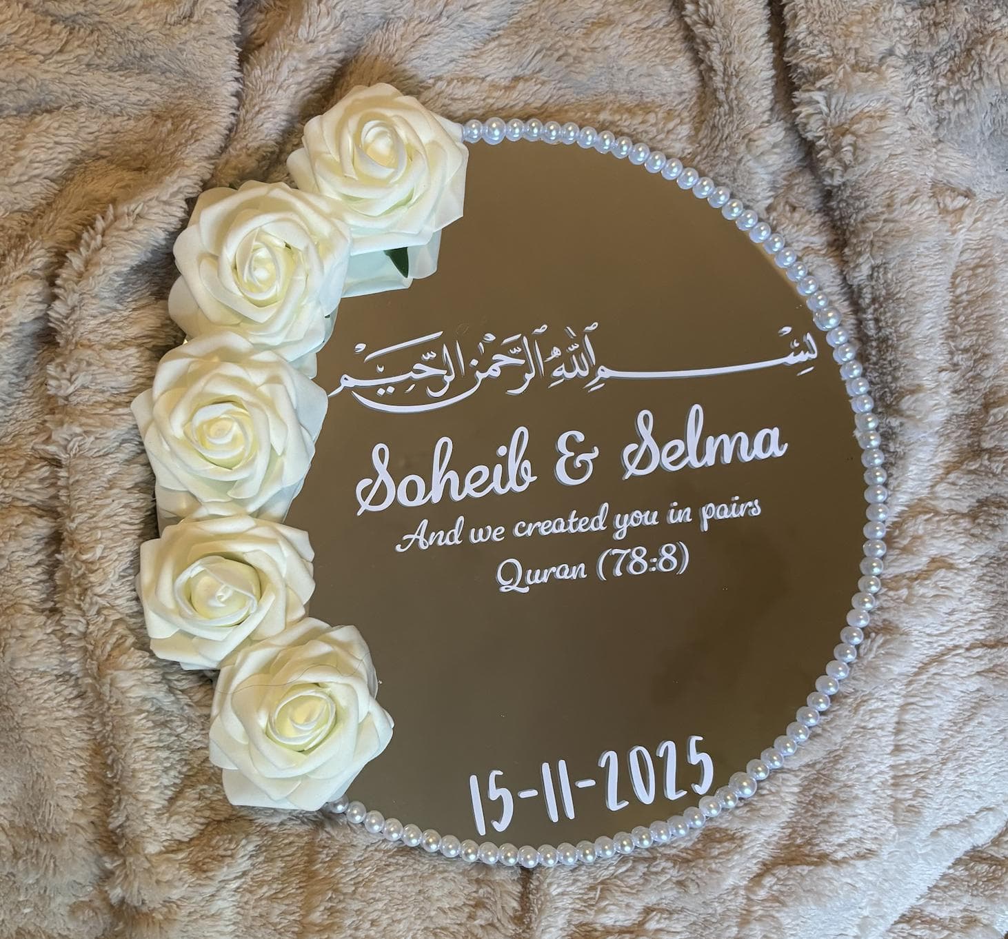Personalized Floral Wedding Ring Tray, Pearl Border, Nikkah Engagement Keepsake | Shaadi Bride Keepsake with Names & Date, Bridal Gift - image 3