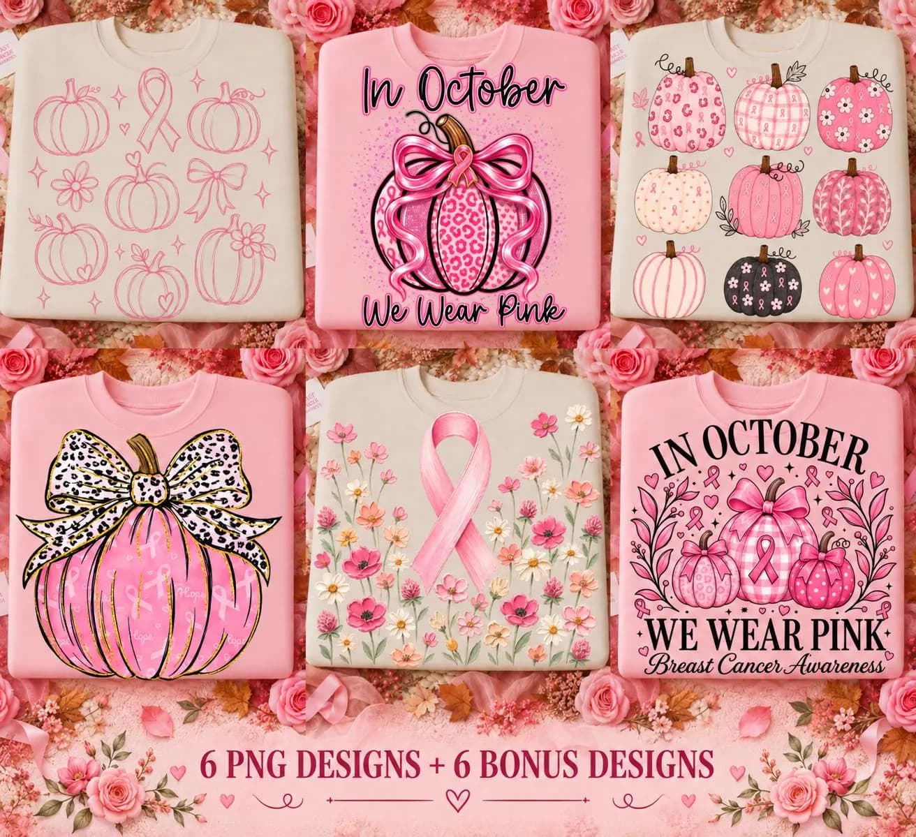 In October We Wear Pink PNG Bundle, Breast Cancer Awareness shirt, Pink leopard Pumpkin Sublimation Designs, Fall october Clipart for her