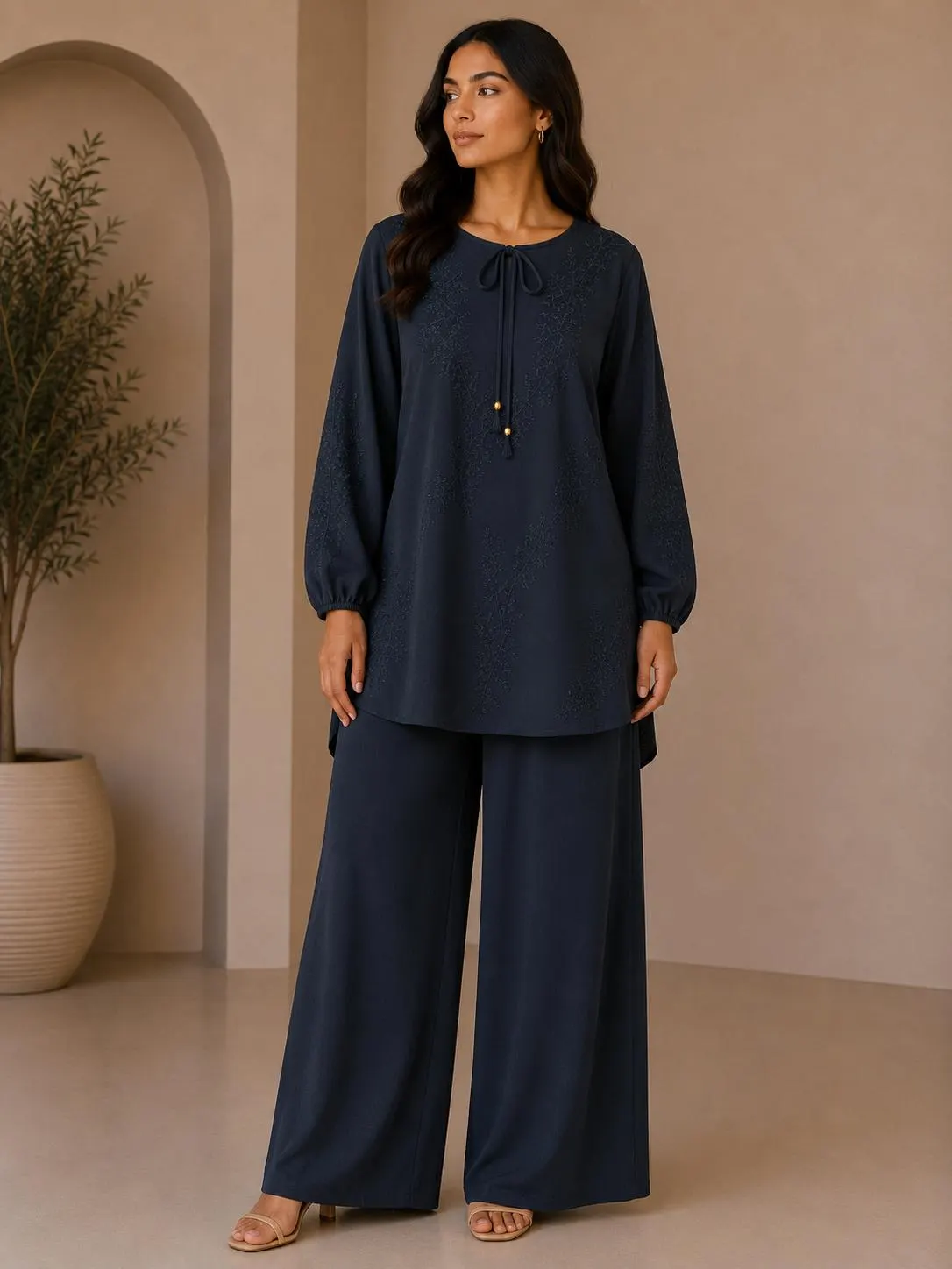 Women’s Brown Embroidered Co Ord Set, Modest Tunic and Wide Leg Trousers, Loose Lounge Set, Elegant Matching Two Piece Outfit - image 5