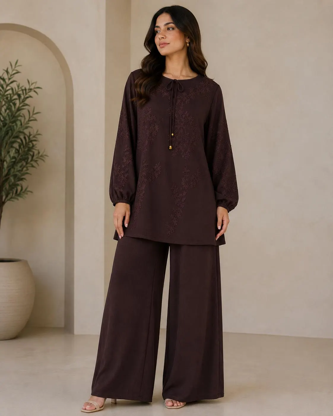 Women’s Brown Embroidered Co Ord Set, Modest Tunic and Wide Leg Trousers, Loose Lounge Set, Elegant Matching Two Piece Outfit - image 3