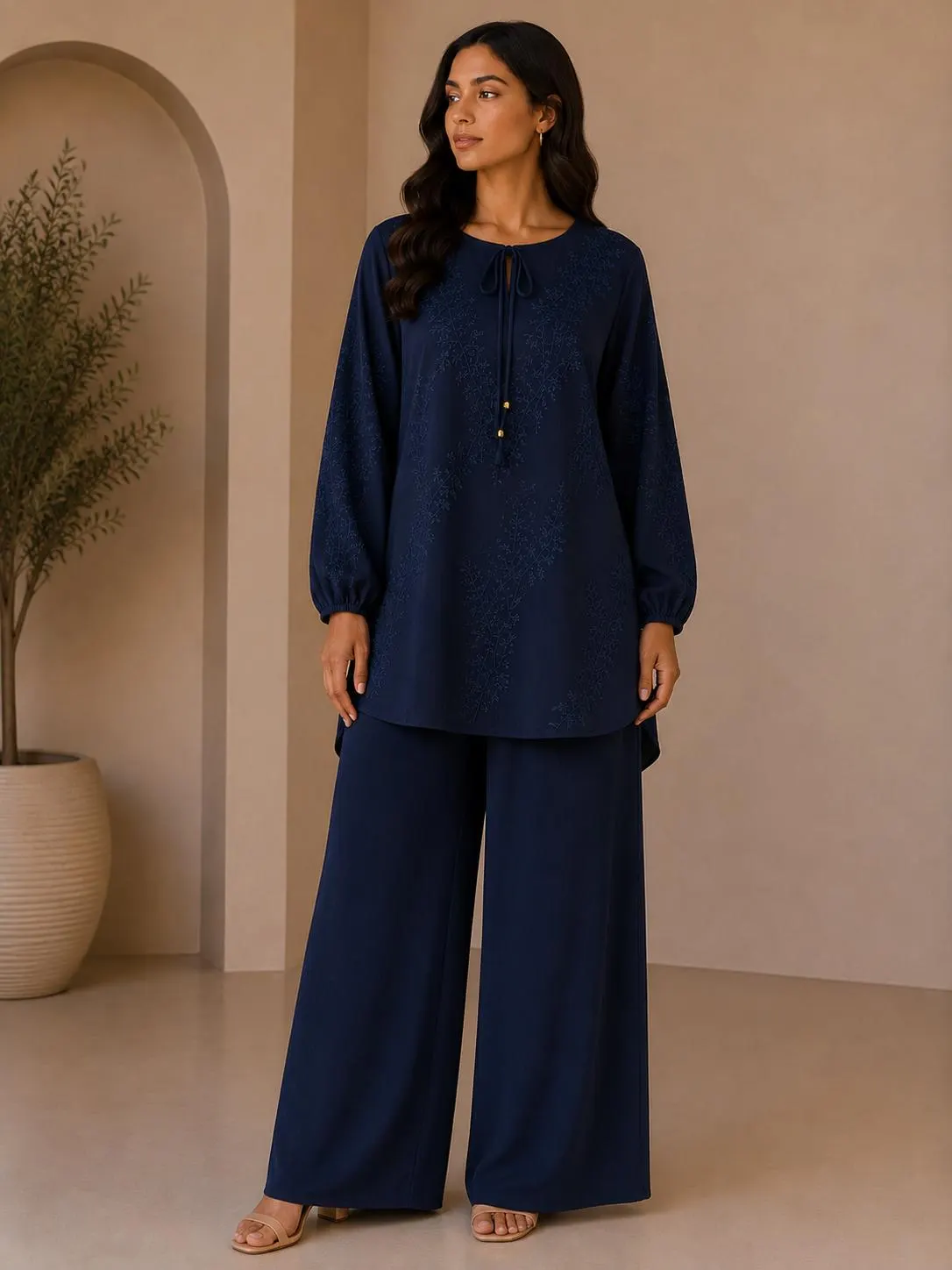 Women’s Brown Embroidered Co Ord Set, Modest Tunic and Wide Leg Trousers, Loose Lounge Set, Elegant Matching Two Piece Outfit - image 4