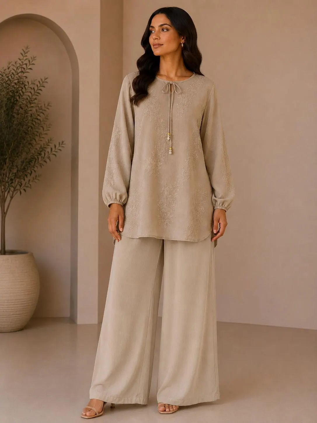 Women’s Brown Embroidered Co Ord Set, Modest Tunic and Wide Leg Trousers, Loose Lounge Set, Elegant Matching Two Piece Outfit