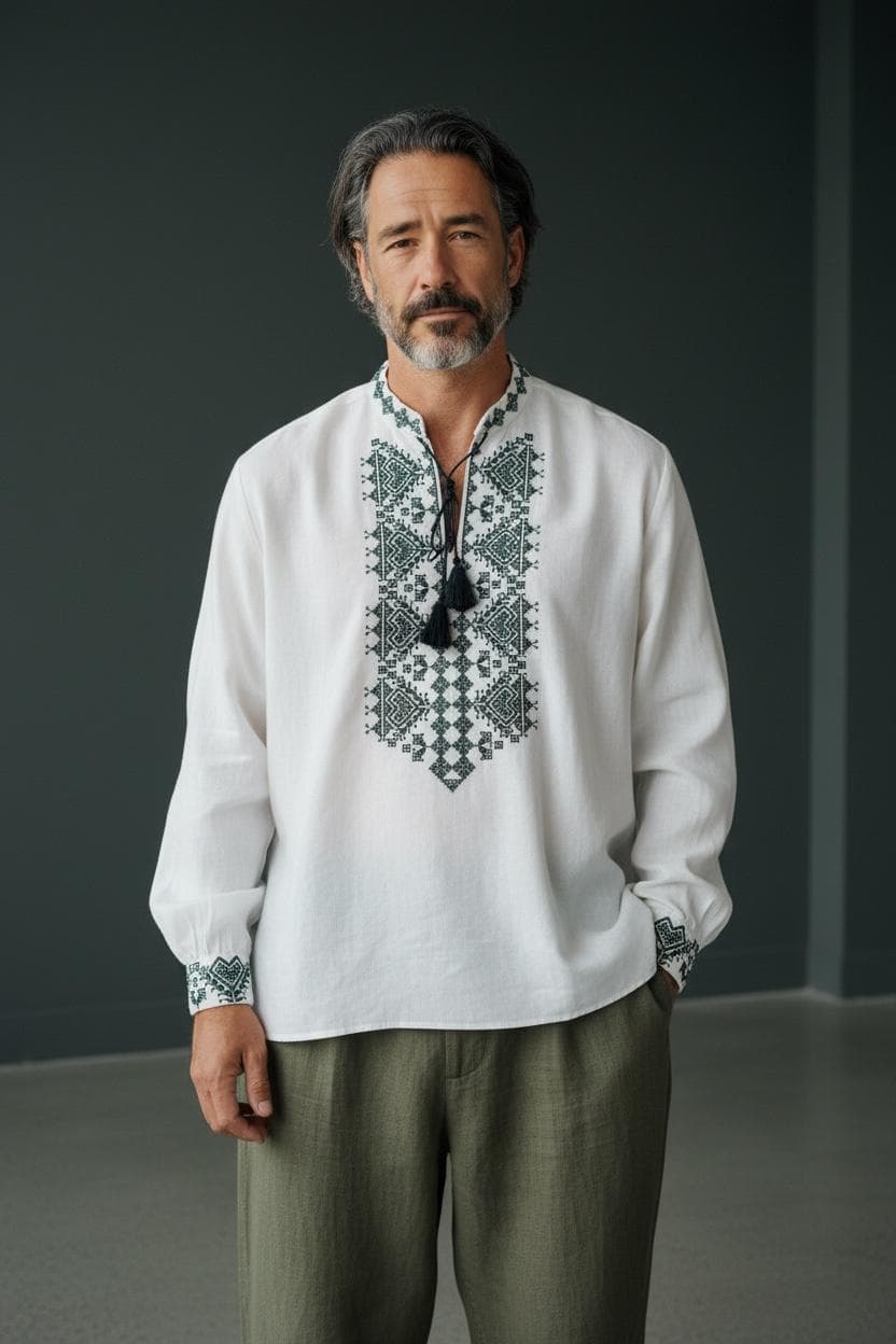 Men's Vyshyvanka Shirt, White Cotton, Dark Green Cross-Stitch Embroidery, Tassel Tie V-Neck