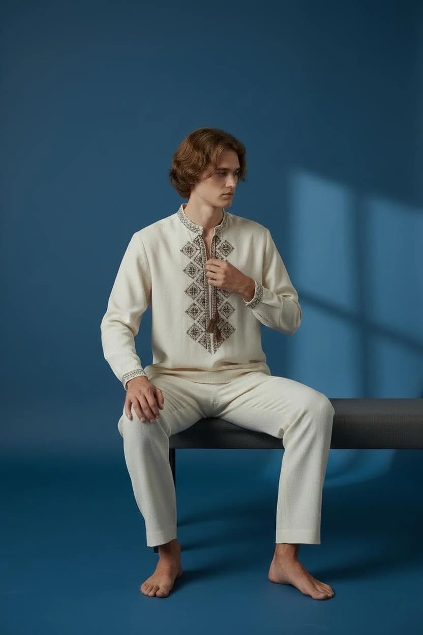 Vyshyvanka Men's Shirt, Cream Cotton, Burgundy Geometric Embroidery, Tie Neck Tunic - image 5