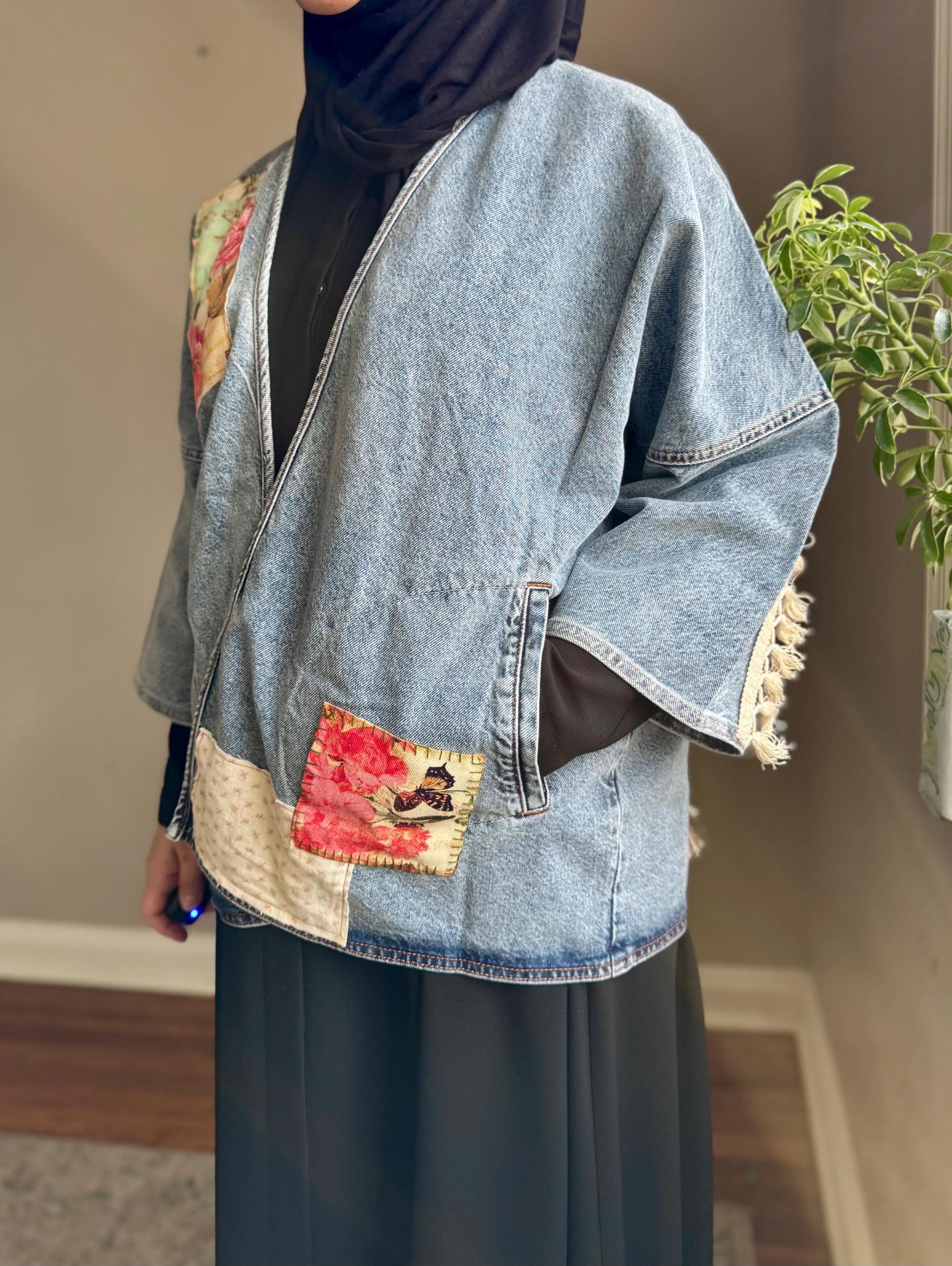 Upcycled Denim Kimono Jacket | Mustard Floral Embroidery, Cream Fringe, Boho Wearable Art - image 4